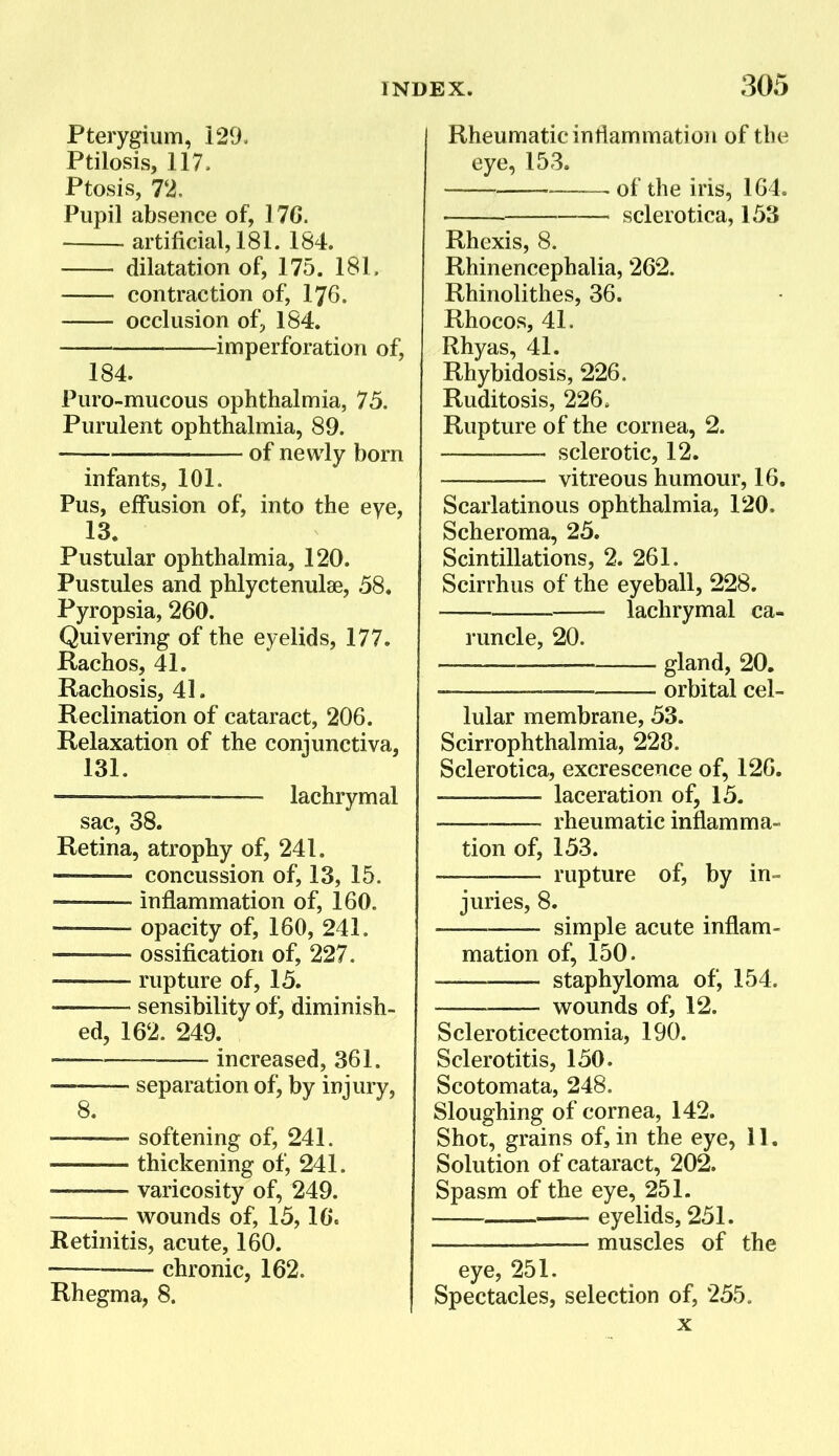 Pterygium, 129. Ptilosis, 117. Ptosis, 72. Pupil absence of, 17C. artificial, 181. 184. dilatation of, 175. 181. contraction of, I76. occlusion of, 184. imperforation of, 184. Puro-mucous ophthalmia, 75. Purulent ophthalmia, 89. _ of newly born infants, 101. Pus, elFusion of, into the eye, 13, Pustular ophthalmia, 120. Pustules and phlyctenulae, 58, Pyropsia, 260. Quivering of the eyelids, 177. Rachos, 41. Rachosis, 41. Reclination of cataract, 206. Relaxation of the conjunctiva, 131. lachrymal sac, 38. Retina, atrophy of, 241. concussion of, 13, 15. -— inflammation of, 160. ■ opacity of, 160, 241. —— ossification of, 227. — rupture of, 15. —— sensibility of, diminish- ed, 162. 249. 8. increased, 361. separation of, by injury, softening of, 241. thickening of, 241. varicosity of, 249. v^ounds of, 15, 16. Retinitis, acute, 160. chronic, 162. Rhegma, 8. Rheumatic inflammation of the eye, 153. of the iris, 164. .—— sclerotica, 153 Rhexis, 8. Rhinencephalia, 262. Rhinolithes, 36. Rhocos, 41. Rhyas, 41. Rhybidosis, 226. Ruditosis, 226. Rupture of the cornea, 2. sclerotic, 12. vitreous humour, 16. Scarlatinous ophthalmia, 120. Scheroma, 25. Scintillations, 2. 261. Scirrhus of the eyeball, 228. lachrymal ca- runcle, 20. gland, 20. orbital cel- lular membrane, 53. Scirrophthalmia, 228. Sclerotica, excrescence of, 126. laceration of, 15. — rheumatic inflamma- tion of, 153. rupture of, by in- juries, 8. simple acute inflam- mation of, 150. staphyloma of, 154. v^rounds of, 12. Scleroticectomia, 190. Sclerotitis, 150. Scotomata, 248. Sloughing of cornea, 142. Shot, grains of, in the eye, 11. Solution of cataract, 202. Spasm of the eye, 251. eyelids, 251. — muscles of the eye, 251. Spectacles, selection of, 255. X