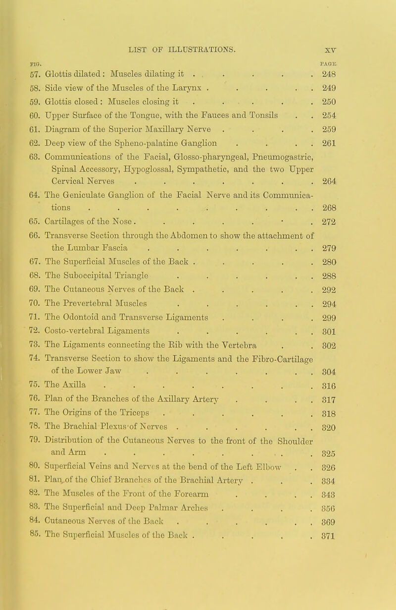 T TQT r\J7 TT T TTQTT? ATTnATQ FIG. PAGE- 57. Glottis dilated: Muscles dilating it . , . 248 58. Side view of the Muscles of the Larynx . . . . . 249 59. Glottis closed: Muscles closing it . . . 250 60. Upper Surface of the Tongue, with the Fauces and Tonsils 254 T)in,aTniTn of tVifi RiTnevifiv l\Tfl,'5filla,TV TTerve 259 Deep view of the Spheno-palatine GangUon . . . . 00. Communications of the Facial, Glosso-pharyngeal, Pneumogastric, opniai iiccessoryj xiypogiossai, pyinpaijiieLic, anct ine two upper Cervical Nerves ....... 264 64. X-XXV/ V^XXXV> IXXCU V<< C«lXXc^XXV./XX KJl. UXXi;^ JL. CUVXOjX X*! C/X Vw CUXXLl XUkJ \ ' f ' ' '' 'Ml L'l'ni tions . . . . . . . . . 268 65. Cartilages of the Nose 272 66. Transverse Section through the Abdomen to show the attachment of the Lmnbar Fascia . . . . . . . 279 67. The Superficial Muscles of the Back ..... 280 68. The Suboccipital Triangle . . . . . . 288 69. The Cutaneous Nerves of the Back ..... 292 70. The Prevertebral Muscles . . . . . . 294 71. The Odontoid and Transverse Ligaments .... 299 72. Costo-vertebral Ligaments oyjx 73. The Ligaments connecting the Rib with the Vertebra .^09 74. Transverse Section to show the Ligaments and the Fibro-Cartilage of the Lower Jaw . . . . . , . 304 75. The Axilla ........ 816 76. Plan of the Branches of the Axillary Artery .317 77. The Origins of the Triceps ...... OJ-O 78. The Brachial Plexus of Nerves 79. Distributinn of f,bfi Cninnponc: Mawar +,n tVtp frnn^- r»-f ^\^ct ftlnnnlrlQ-i. and Arm . . . . . . . 325 80. Superficial Veins and Nerves at the bend of the Left Elbow 326 81. Plaivof the Chief Branches of the Brachial Artery . 334 82. The Muscles of the Front of the Forearm .34..3 8.3. The Superficial and Deep Palmar Arches .... 356 84. Cutaneous Nerves of the Back . . . . . . 369 85. The Superficial Muscles of the Back ..... 371