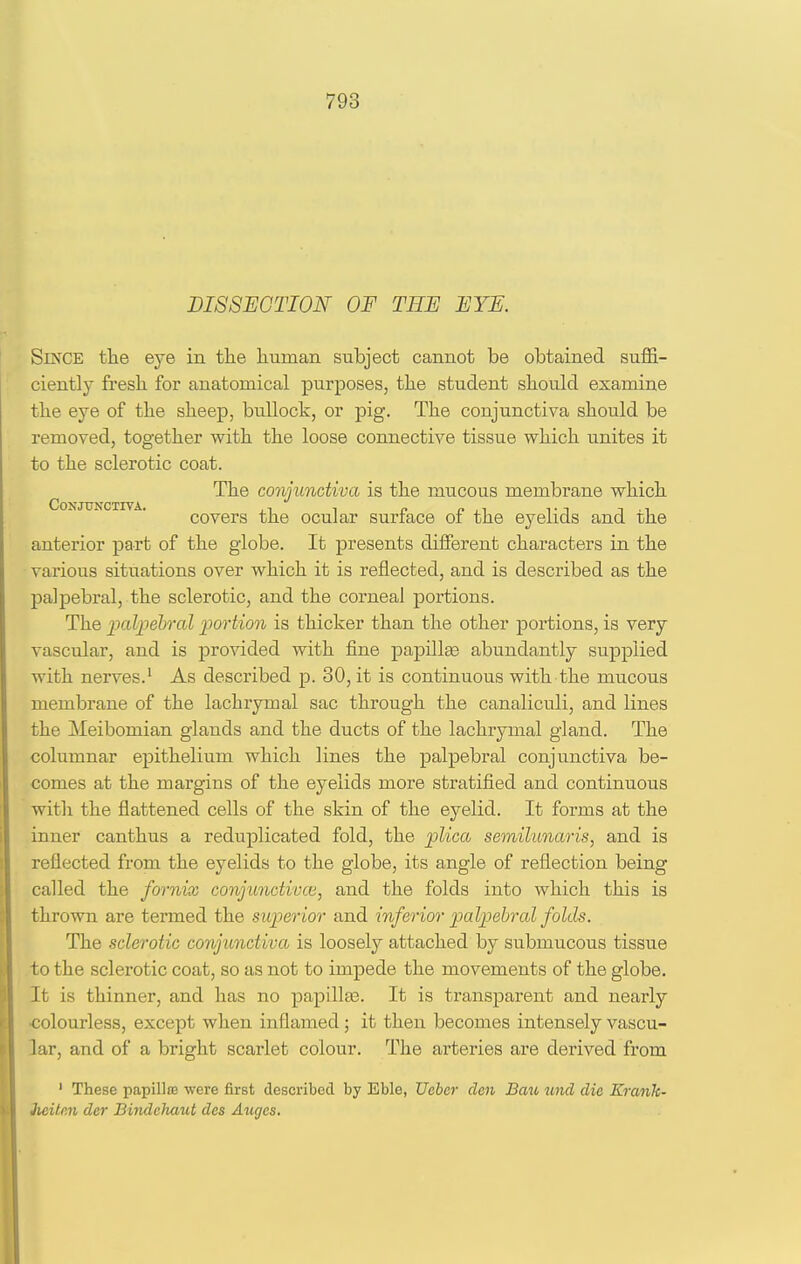 DISSECTION OF TEE EYE. Since the eye in the hiiman subject cannot be obtained suffi- ciently fresh for anatomical purposes, the student should examine the eye of the sheep, bullock, or pig. The conjunctiva should be removed, together with the loose connective tissue which unites it to the sclerotic coat. ^ ^ The conjunctiva is the mucous membrane which covers the ocular surface of the eyelids and the anterior part of the globe. It presents different characters in the various situations over which it is reflected, and is described as the palpebral, the sclerotic, and the corneal j)ortions. The palpebral portion is thicker than the other portions, is very vascular, and is provided with fine papillae abundantly supplied with nerves.' As described p. 30, it is continuous with the mucous membrane of the lachrymal sac through the canaliculi, and lines the Meibomian glands and the ducts of the lachrymal gland. The columnar epithelium which lines the palpebral conjunctiva be- comes at the margins of the eyelids more stratified and continuous with the flattened cells of the skin of the eyelid. It forms at the inner canthus a reduplicated fold, the plica semilunaris, and is reflected from the eyelids to the globe, its angle of reflection being called the fornix conjunctivce, and the folds into which this is thrown are termed the superior and inferior palpebral folds. The sclerotic conjunctiva is loosely attached by submucous tissue to the sclerotic coat, so as not to impede the movements of the globe. It is thinner, and has no papillfe. It is transparent and nearly ■colourless, except when inflamed; it then becomes intensely vascu- lar, and of a bright scarlet colour. The arteries are derived from ' These papilla; were first described by Eble, Ueber den Bau tmd die Kranh- Jieilen der Biiuleliaut des Auges.