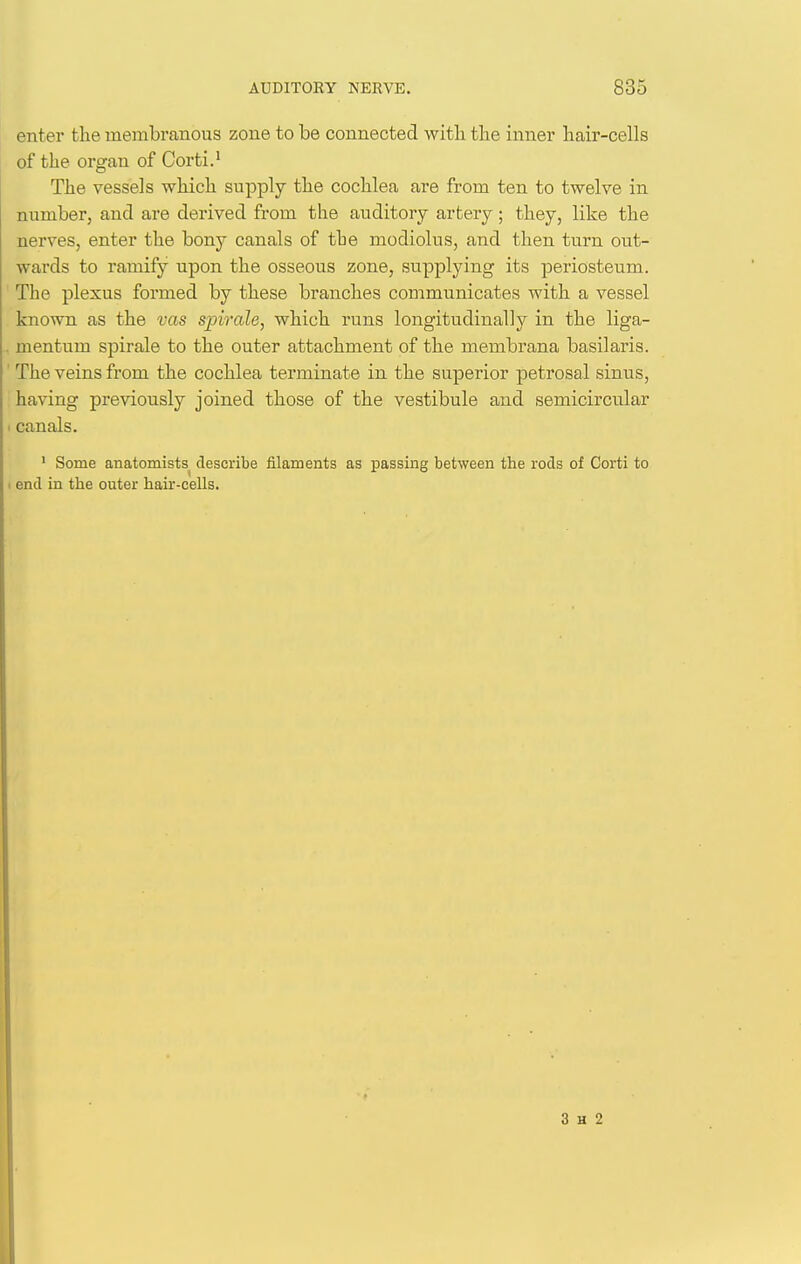 enter the inembranous zone to be connected with the inner hair-cells of the organ of Corti.' The vessels which supply the cochlea are from ten to twelve in number, and are derived from the auditory artery; they, like the nerves, enter the bony canals of the modiolus, and then turn out- wards to ramify upon the osseous zone, supplying its periosteum. The plexus formed by these branches communicates with a vessel known as the vas spirale, which runs longitudinally in the liga- . mentum spirale to the outer attachment of the membrana basilaris. ' The veins from the cochlea terminate in the superior petrosal sinus, having previously joined those of the vestibule and semicircular I canals. ' Some anatomists describe filaments as passing between the rods of Corti to I end in the outer hair-cells. 1 3 H 2