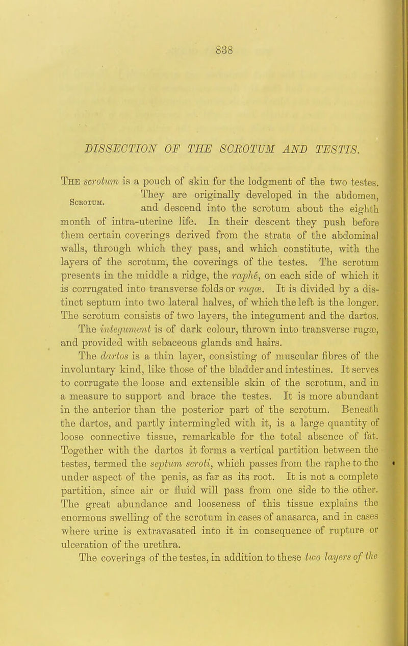 DISSECTION OF TEE SCROTUM AND TESTIS. The scrotum is a poucli of skin for tlie lodgment of the two testes. ^ They are originally developed in the abdomen, and descend into the scrotum about the eighth month of intra-uterine life. In their descent they push before them certain coverings derived from the strata of the abdominal ■walls, through which they pass, and which constitute, with the layers of the scrotum, the coverings of the testes. The scrotum presents in the middle a ridge, the ra]jhe, on each side of which it is corrugated into transverse folds or rugce. It is divided by a dis- tinct septum into two lateral halves, of which the left is the longer. The scrotum consists of two layers, the integument and the dartos. The iHtcgument is of dark colour, thrown into transverse ruga), and provided with sebaceous glands and hairs. The dartos is a thin layer, consisting of muscular fibres of the involuntary kind, like those of the bladder and intestines. It serves to corrugate the loose and extensible skin of the scrotum, and in a measure to support and brace the testes. It is more abundant in the anterior than the posterior part of the scrotum. Beneath the dartos, and partly intermingled with it, is a large quantity of loose connective tissue, remarkable for the total absence of fat. Together with the dartos it forms a vertical partition between the testes, termed the septum scroti, which passes from the raphe to the under aspect of the penis, as far as its root. It is not a complete partition, since air or fluid will pass from one side to the other. The great abundance and looseness of this tissue explains the enormous swelling of the scrotum in cases of anasarca, and in cases where urine is extravasated into it in consequence of rupture or ulceration of the urethra. The coverings of the testes, in addition to these two layers of the