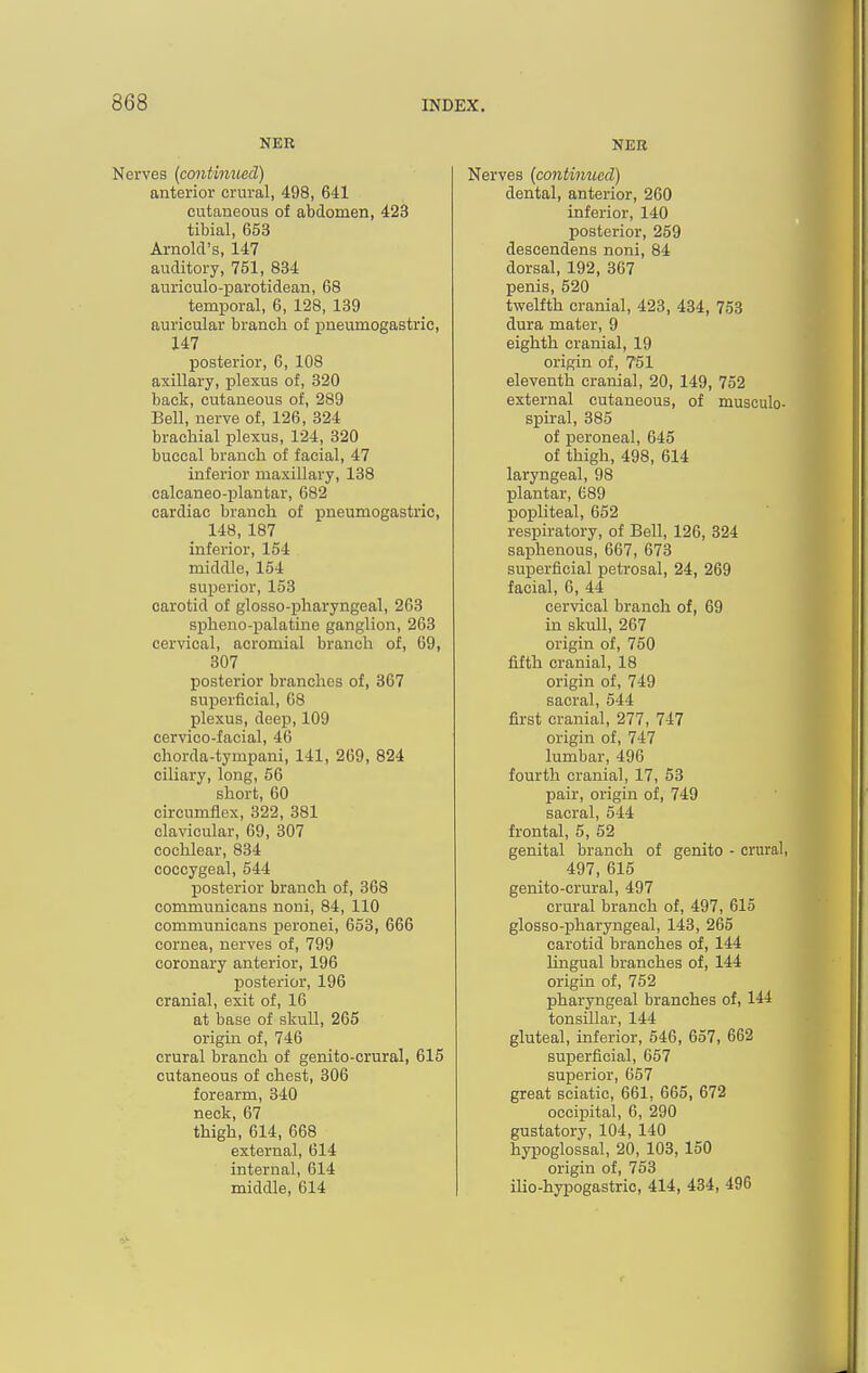 NER Nerves (ccmtimied) anterior crural, 498, 641 cutaneous of abdomen, 423 tibial, 653 Arnold's, 147 auditory, 751, 834 auriculo-parotidean, 68 temporal, 6, 128, 139 auricular branch of pneumogastric, 147 posterior, 6, 108 axillary, plexus of, 320 back, cutaneous of, 289 Bell, nerve of, 126, 324 brachial plexus, 124, 320 buccal branch of facial, 47 inferior maxillary, 138 calcaneo-plantar, 682 cardiac branch of pneumogastric, 148, 187 inferior, 154 middle, 154 superior, 153 carotid of glosso-pharyngeal, 263 spheno-palatine ganglion, 263 cervical, acromial branch of, 69, 307 posterior branches of, 367 superficial, 68 plexus, deep, 109 cervico-facial, 46 cliorda-tympani, 141, 269, 824 ciliary, long, 56 short, 60 circumflex, 322, 381 clavicular, 69, 307 cochlear, 834 coccygeal, 544 posterior branch of, 368 communicans noni, 84, 110 communicans i^eronei, 653, 666 cornea, nerves of, 799 coronary anterior, 196 posterior, 196 cranial, exit of, 16 at base of skull, 265 origin of, 746 crural branch of genito-crural, 615 cutaneous of chest, 306 forearm, 340 neck, 67 thigh, 614, 668 external, 614 internal, 614 middle, 614 NEB Nerves (continued) dental, anterior, 260 inferior, 140 posterior, 259 descendens noni, 84 dorsal, 192, 367 penis, 520 tvi^elfth cranial, 423, 434, 753 dura mater, 9 eighth cranial, 19 origin of, 751 eleventh cranial, 20, 149, 752 external cutaneous, of musculo, spiral, 385 of peroneal, 645 of thigh, 498, 614 laryngeal, 98 plantar, 689 popliteal, 652 respiratory, of Bell, 126, 324 saphenous, 667, 673 superficial petrosal, 24, 269 facial, 6, 44 cervical branch of, 69 in skuU, 267 origin of, 750 fifth cranial, 18 origin of, 749 sacral, 544 first cranial, 277, 747 origin of, 747 lumbar, 496 fourth cranial, 17, 53 pair, origin of, 749 sacral, 544 frontal, 5, 52 genital branch of genito - crural, 497, 615 genito-crural, 497 crural branch of, 497, 615 glosso-pharyngeal, 143, 265 carotid branches of, 144 lingual branches of, 144 origin of, 752 pharyngeal branches of, 144 tonsillar, 144 gluteal, inferior, 546, 657, 662 superficial, 657 superior, 657 great sciatic, 661, 665, 672 occipital, 6, 290 gustatory, 104, 140 hypoglossal, 20, 103, 150 origin of, 753 ilio-hypogastric, 414, 434, 496