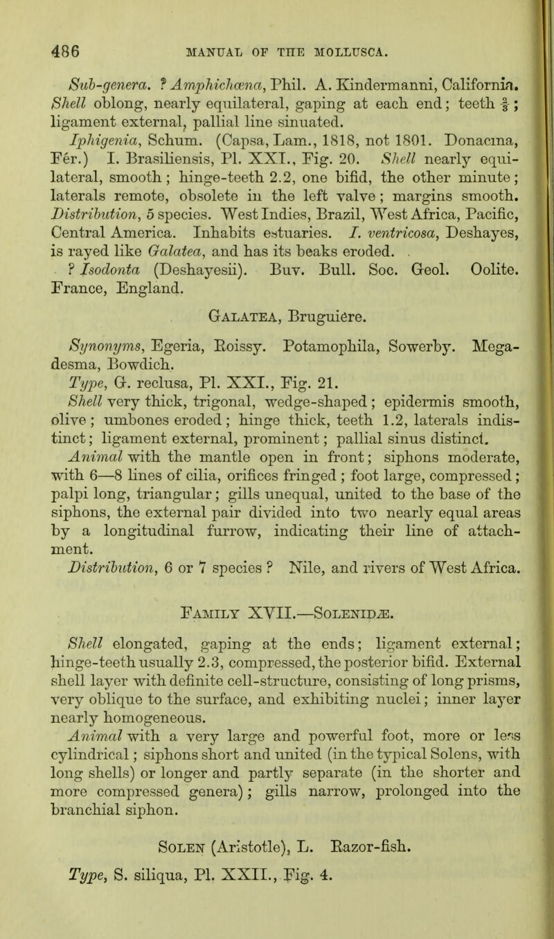 Sub-genera. ? Amphichcena, Phil. A. Kindermanni, Californin.. Shell oblong, nearly equilateral, gaping at each end; teeth |-; ligament external, pallial line sinuated. Iphigenia, Schum. (Capsa, Lam., 1818, not 1801. Donacma, Eer.) I. Brasiliensis, PI. XXI., Pig. 20. Shell nearly equi- lateral, smooth; hinge-teeth 2.2, one bifid, the other minute; laterals remote, obsolete in the left valve ; margins smooth. Distribution, 5 species. West Indies, Brazil, West Africa, Pacific, Central America. Inhabits estuaries. /. ventricosa, Deshayes, is rayed like Galatea, and has its beaks eroded. . ? Isodonta (Deshayesii). Buv. Bull. Soc. Geol. Oolite. Prance, England. Galatea, Bruguiere. Synonyms, Egeria, Eoissy. Potamophila, Sowerby. Mega- desma, Bowdich. Type, G. reclusa, PI. XXL, Pig. 21. Shell very thick, trigonal, wedge-shaped ; epidermis smooth, olive; umbones eroded; hinge thick, teeth 1.2, laterals indis- tinct ; ligament external, prominent; pallial sinus distinct. Animal with the mantle open in front; siphons moderate, with 6—8 lines of cilia, orifices fringed ; foot large, compressed; palpi long, triangular; gills unequal, united to the base of the siphons, the external pair divided into two nearly equal areas by a longitudinal furrow, indicating their line of attach- ment. Distribution, 6 or 7 species ? Nile, and rivers of West Africa. EaMILY XYII.—SOLENID^. Shell elongated, gaping at the ends; ligament external; hinge-teeth usually 2.3, compressed, the posterior bifid. External shell layer with definite cell-structure, consisting of long prisms, very oblique to the surface, and exhibiting nuclei; inner layer nearly homogeneous. Animal with a very large and powerful foot, more or leris cylindrical; siphons short and united (in the typical Solens, with long shells) or longer and partly separate (in the shorter and more compressed genera); gills narrow, prolonged into the branchial siphon. SOLEN (Aristotle), L. Eazor-fish. Type, S. siliqua, PI. XXIL, Fig. 4.