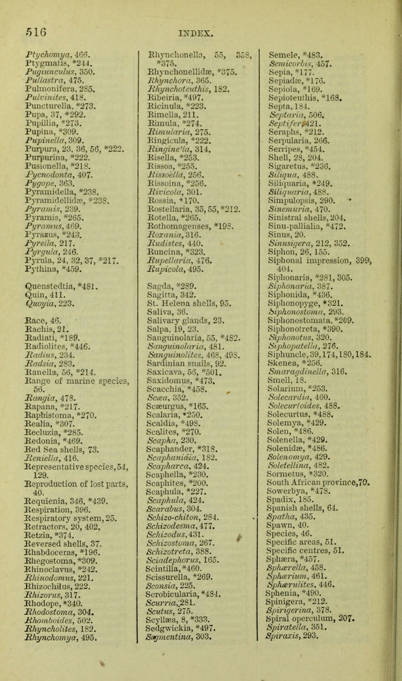 Ptyckomya. 466. Ptygmatis, *244. Piigiimculus, 350. Fu/lastra, 475. Pulmonifera, 285. Fulvinites, 418. Puncturella. *273. Pupa, 37, *292. Pupillia, *273. Pupina, *309. Pupinella, 309. Purpura, 23, 36, 56, *222. Purpm-ina, *222. Pusionella, *21S. Pycnodonta, 407. Pygope, 363. PjTamidella, *238. Pyramidellidfe, *23S. Pyramid, 239. Pj'ramis, *265. Pyramus, 469. Pj'razus, *243. Pyrella, 217. Pyrgida, 246. Pyrula, 24, 32, 37, *217. Pythiiia, *459. Quenstecltia, *481. Quin, 411. Qu&yia, 223. Eace, 46. Eachis, 21. Eadiati, *189. Eadiolitcs, *446. Haclius, 234. Radsia, 283. Eanella, 56, *214. Bange of marine species, 66. Hangiaf 478. Eapana, *217. Eaphistoma, *270. Kealia, *307. Eecluzia, *285. Eedonia, *469. Bed Sea shells, 73. Meniella, 416. Eepresentative species,54, 129. Eeproduction of lost parts, 40. Eequienia, 346, *439. Eespu-ation, 396. Eespii-atory system, 25. Eetractors, 20, 402. Eetzia, *374, Eeversed shells, 37. Ehabdoceras, *196. Ehegostoma, *-309. Ehinoclavus, *242. Hhinodomus, 221. Ehizochiius, 222. Ithizorus, 317. Ehodope, *340. Hhodostoma, 304. Mhomboides, 502. Bhyncholites, 182. Rhynchomya, 495. Rlivnchonella, 55, 35S, *375. EhynchonelHdse, *375. Khynchora, 365. Jihynchotcuthis, 182. Ribeiria, *497. Eicinula, *223. Eimella,211. Erniula, *274. liimidaria, 275. Bingicula, *222. liingine'/a, 314. Eisella, *253. Eissoa, *255. liisso'ella, 256. Eissoina, *256. liivicola, 301. Eossia. *170. Rostellaria, 35,55,*2I2. Eotella, *265. Rothomageiises, *19S. Moxmiia, 316. Rudistes, 440. Euncina, *323. Rupellaria, 476. Rupicola, 495. Sagda,*289. Sagitta, 342. St. Helena shells, 95. Saliva, 36. Salivary glands, 23. Salpa, 19, 23. Saiiguinolaria, 55, *482. Sanguinol(Lria, 481. ISanguinolites, 468, 49S. Sardinian snails, 92. Saxicava, 56, *501. Saxidomus, *473. Scacchia, *458. Sccea, 352. Scaeurgus, *^165. Scalaria, *250. Scaldia, *498. Scalites, *270. Sccqjha, 230. Scaphander, *318. Scaphcmidia, 182. Scapharca, 424. Scaphella, *230. Scaphites, ^200. Scaphula, *227. Scaphula, 424. Scarabus, 304. Schizo-chiton, 284. Schizodesma,4:n. Scliizodus,i.Zl. ^. Scliizostoma, 267. Schizotreta, 388. Sciadephorus, 165. Scintilla, *460. Scissurella, *269. Sconsia, 225. Scrobicularia, *484. <ScMJ'na,;281. Scutus, 275. Scyllaea, 8, *333. Sedgwickia, *497. Serjrimitina, 303. Semele, *483. Scmicorhis, 457. Sepia, *177. Sepiadre, *176. Scpiola, ^169. Sepioteiithis, *168, Septa, 1S4. Septaria, 506. Septifcrf42l. Seraphs, *212. Serpularia, 266. Serripes, *454. SheU, 28, 204. Sigaretus, *236. Siliqua, 488. Siliquaria, *249. Siliqiinria, 488. Simpulopsis, 290. • Sinemuria, 470. Sinistral shells, 204. Sinu-pallialia, *472. Sinus, 20. Sinusigera, 212, 352. Siphon, 26, 155. Siphonal impression, 399, 404. Siphonaria, *281, 305. Siphonaria, 387. Siphonida, *436. Siplionopyge, •321. Siphonostoma, 293. Siplionostomata, *2e9. Siphonotreta, *390. Siphonotus, 320. SiplLopatelhi, 276. Siphuncle, 39,174, ISO, 184. Skenea, *256. Smaragdinella, 316. Smell, 18. Solarium, *253. Solecardin, 460. Solecurloides, 488. Solecurtus, *488. Solemya, *429. Solen, *486. Solenella, *429, Solenidee, *486. Solcnomya, 429. SoleteUina, 482. Sormetus, *320. South African province,70. Sowerbj^a, *478. Spadix, 185. Spanish shells, 64. Spatha, 435. Spawn, 40. Species, 46. Specific areas, 51. Specific centres, 51. Spheera, *457. Spkcerella, 458. SphcErium, 461. Sphceridites, 446. Sphenia, *490. Spinigera, *212. Spirigerina, 378. Spiral operculum, 207. Spiratella, 351. Spiralis, 293.