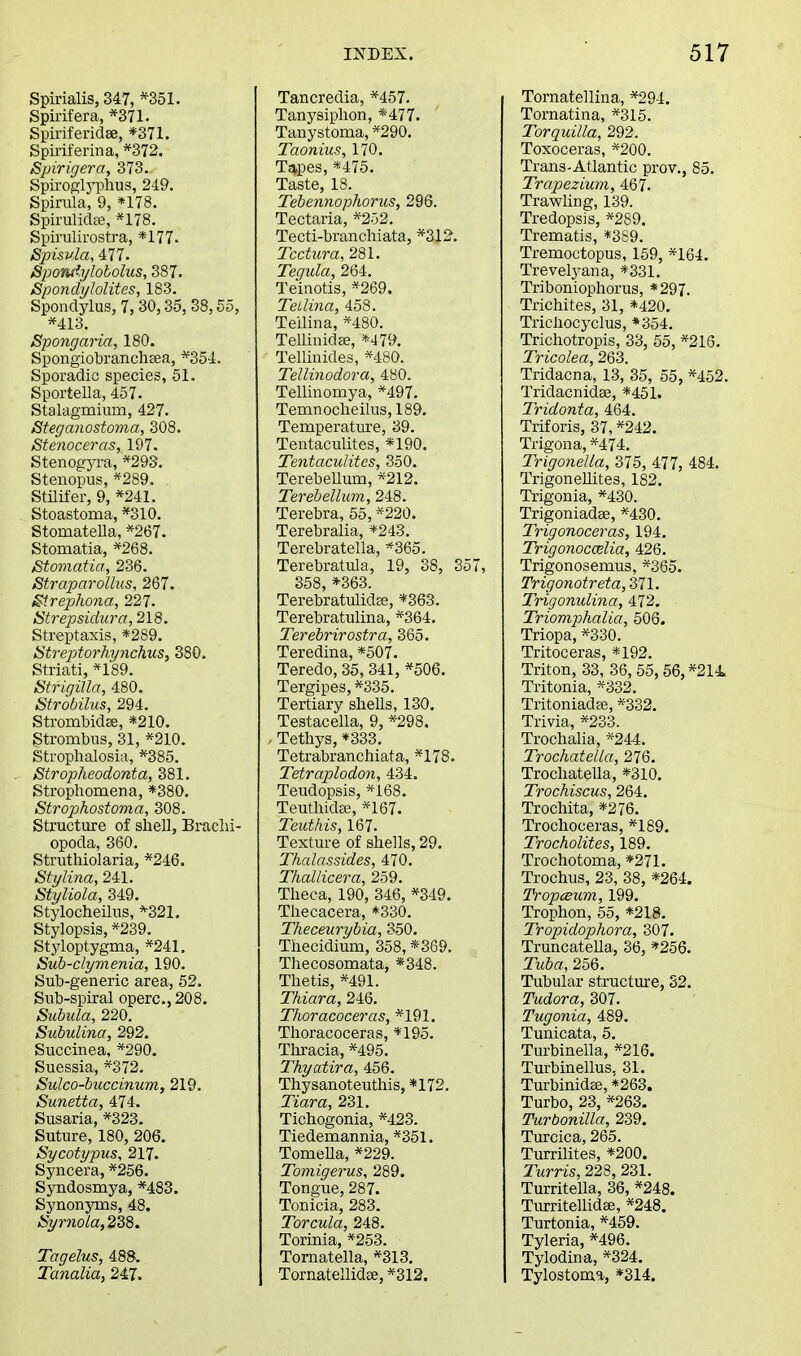 Spinalis, 347, *351. Spirifera, *371. Spiriferidee, *371. Spiriferina, *372. Spirigera, 373. Spirogl3'plius, 249. Spirilla, 9, *178. Spiruliclee, *178. Spirulirostra, *177. Spisvla, 477. Spowlylobolus, 387. Sponclylolites, 183. Spondylus, 7, 30,35, 38,55, *413. Spongaria, 180. SpongiobrancliEea, *354. Sporadic species, 51. Sportella, 457. Stalagmium, 427. Steganostovia, 308. Stenoceras, 197. Stenogyra, *29S. Stenopus, *289. StUii'er, 9, *241. Stoastoma, *310. Stomatella, *267. Stomatia, *268. Stoviatia, 236. Straparollus, 267. Strephona, 227. iStrepsidura, 218. Streptaxis, *289. StreptorhynchuSy 380. Striati, *189. Strigilla, 480. Strobilus, 294. Strombidee, *210. Strombus, 31, *210. Strophalosia, *385. Stropheodonta, 381. Strophomena, *380. Strophostoma, 308. Structure of shell, Braclii- opoda, 360. Struthiolaria, *246. Stylina, 241. Styliola, 349. Stylocheilus, *321. Stylopsis, *239. Styloptygma, *241. Sub-dyvienia, 190. Sub-generic area, 52. Sub-spiral operc.,208. Subula, 220. Subulina, 292. Succinea, *290. Suessia, *372. Sidco-buccinum, 219. Sunetta, AT4. Susaria, *323. Suture, 180, 206. Sycotypiis, 217. Syncera, *256. Syndosmya, *483. Synonyms, 48. tSyrmola, 238. Tagelus, 488. Tanalia, 247. Tancredia, *457. Tanysiplion, *477. Tanystoma, *290. Taonius, 170. Tstpes, *475. Taste, 18. Tebennophorus, 296. Tectaria, *2.52. Tecti-branchiata, *3I2. Tcctura, 281. Tegula, 264. Teinotis, *269. Teilina, 458. Tellina, *480. Tellinidee, *479. Tellinides, *480. Tellinodora, 480. Tellinomya, *497. Temnoclieilus, 189. Temperature, 39. Tentaculites, *190. Tentaculites, 350. Terebellum, *212. Terebellum, 248. Terebra, 55,*220. Terebralia, *243. Terebratella, *365. Terebratula, 19, 38, 357, 358, *363. Terebratulidsg, *363. Terebratulina, *364. Terebrirostra, 365. Teredina, *507. Teredo, 35, 341, *506. Tergipes, *335. Tertiary shells, 130. Testacella, 9, *298, Tethys, *333. Tetrabranchiata, *178. Tetraplodon, 434. Teudopsis, *168. Teuthidse, *167. Teuthis, 167. Texture of shells, 29. Tkalassides, 470. ThalHcera, 259. Theca, 190, 346, *349. Thecacera, *330. Theceurybia, 350. Thecidium, 358, *369. Thecosomata, *348. Thetis, *491. Thiara, 246. Thoracoceras, *191. Thoracoceras, *195. Thi-acia, *495. Thyatira, 456. Thysanoteuthis, *172. Tiara, 231. Tichogonia, *423. Tiedemannia, *351. TomeUa, *229. Tomigerus, 289. Tongue, 287. Tonicia, 283. Torcula, 248. Torinia, *253. Tomatella, *313. TornatellidEe, *312. Tornatellina, *294. Tornatina, *315. Torquilla, 292. Toxoceras, ^-200. Trans-Atlantic prov., 85. Trapezium, 467. Trawhng, 139. Tredopsis, *289. Trematis, *389. Tremoctopus, 159, *164. Trevelyana, *331. Triboniophorus, *297. Trichites, 81, *420. Trichocyclus, *354. Trichotropis, 33, 55, *216. Tricolea, 263. Tridacna, 13, 35, 55, *452. Tridacnid8e, *451. Tridonta, 464. Triforis, 37, *242. Trigona, *474. Trigonella, 375, 477, 484. Trigonellites, 182. Trigonia, *430. Trigoniadae, *430. Trigonoceras, 194. Trigonoccelia, 426. Trigonosemus, *365. Trig o7iotr eta, 371. Trigonulina, 472. Triomphalia, 506. Triopa, *330. Tritoceras, *192. Triton, 33, 36, 55, 56, *214 Tritonia, *332. Tritoniadee, *332. Trivia, *233. Trochalia, *244. Trochatella, 276. Trochatella, *310. Trochiscus, 264. Trochita, *276. Trochoceras, *189. Trocholites, 189. Trochotoma, *271. Trochus, 23, 38, *264. IVopceuvi, 199. Trophon, 55, *218. Tropidophora, 307. TruncateUa, 36, *256. Tuba, 256. Tubular structure, S2. Tudora, 307. Tugonia, 489. Tunicata, 5. Turbinella, *216. Turbinellus, 31. Turbinidee, *263. Turbo, 23, *263. Turbonilla, 239. Turcica, 265. Turrilites, *200. Turris, 228, 231. Turritella, 36, *248. Turritellidge, *248. Turtonia, *459. Tyleria, *496. Tylodina, *324. Tylostoma, *314.