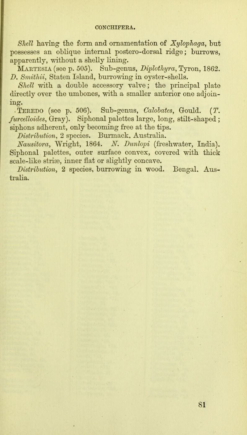 Shell having the form and ornamentation of Xylophaga, but possesses an oblique internal postero-dorsal ridge; burrows, apparently, without a shelly lining. Maetesia (see p. 505). Sub-genus, Diplothyra, Tyron, 1862. D. Smithii, Staten Island, burrowing in oyster-shells. Shell with a double accessory valve; the principal plate directly over the umbones, with a smaller anterior one adjoin- ing. • Teredo (see p. 506). Sub-genus, Calolates, Gould. {T. furcelloides, Gray). Siphonal palettes large, long, stilt-shaped ; siphons adherent, only becoming free at the tips. Distribution, 2 species. Burmack, Australia. JSfausitora, Wright, 1864. N. Dunlopi (freshwater, India). Siphonal palettes, outer surface convex, covered with thick scale-like strife, inner flat or slightly concave. Distribution^ 2 species, burrowing in wood. Bengal. Aus- tralia.