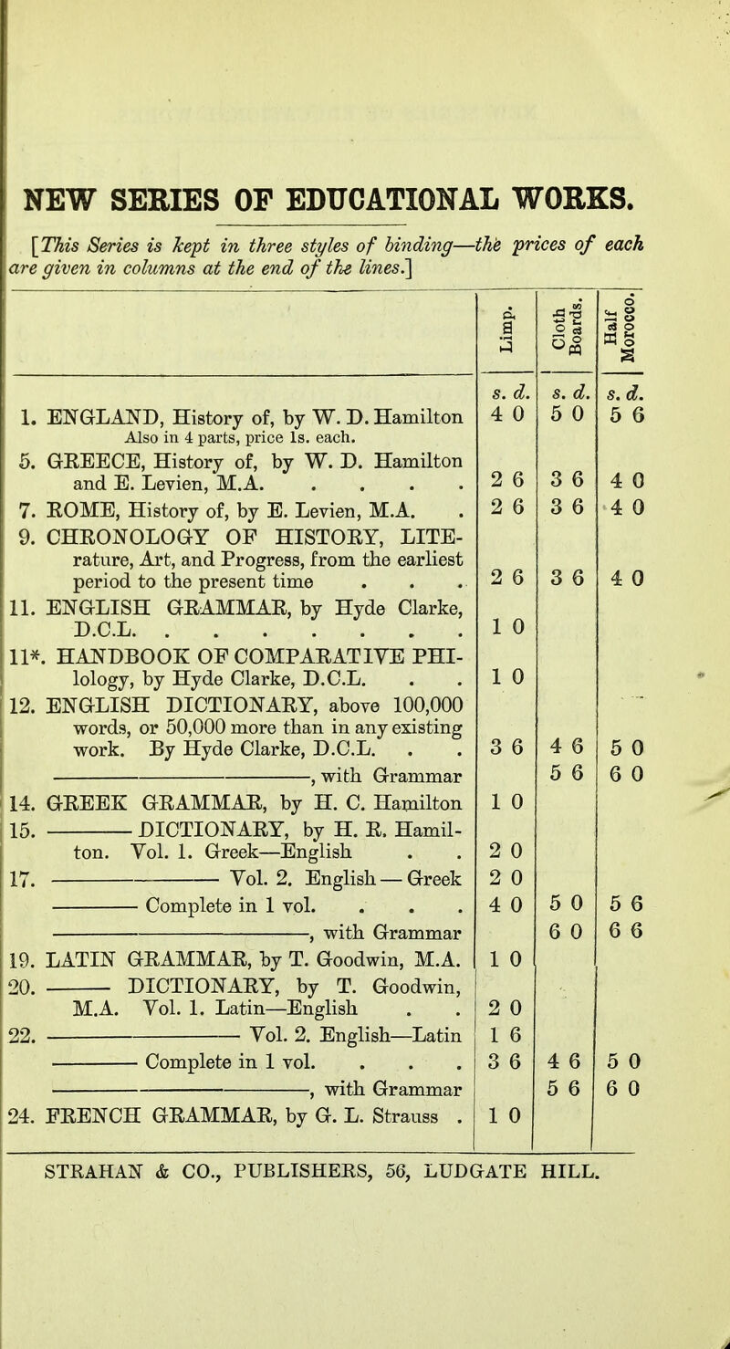 NEW SERIES OF EDUCATIONAL WORKS. [This Series is kept in three styles of binding—tM prices of each are given in columns at the end of the lines.l Limp. Cloth Boards. Half Morocco. s. d. S. d. s. d. 1. ENGLAND, History of, by W. D. Hamilton 4 0 ^ 0 O KJ o o Also in 4 parts, price Is. each. 5. GKEECE, History of, by W. D. Hamilton 2 6 3 6 4 0 7. EOME, History of, by E. Levien, M.A. 2 6 3 6 4 0 9. CHRONOLOGY OF HISTOEY, LITE- rature, Art, and Progress, from the earliest 3 6 period to the present time 2 6 4 0 11. EJNGLifciH GEAMMAK., by Hyde Clarke, 1 0 D.C.L lology, by Hyde Clarke, D.C.L. 1 u 12. ENGLISH DICTIONARY, above 100,000 words, or 50,000 more than in any existing work. By Hyde Clarke, D.C.L. . 3 6 4 6 5 0 , with Grammar 5 6 6 0 14. GREEK GRAMMAR, by H. C. Hamilton 1 0 15. DICTIONARY, by H. R. Hamil- ton. Yol. 1. Greek—English 2 0 17. Vol. 2. English —Greek 2 0 Complete in 1 vol. 4 0 5 0 5 6 , with Grammar 6 0 6 6 19. LATIN GRAMMAR, by T. Goodwin, M.A. 1 0 20. DICTIONARY, by T. Goodwin, M.A. Yol. 1. Latin—English 2 0 22. Yol. 2. English—Latin 1 6 Complete in 1 vol. 3 6 4 6 5 0 , with Grammar 5 6 6 0 24. FRENCH GRAMMAR, by G. L. Strauss . 1 0