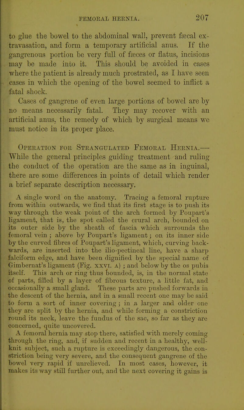 to glue the bowel to the abdominal wall, prevent fsecal ex- travasation, and form a temporary artificial anus. If the gangTcnous portion be very full of fiBces or flatus, incisions may be made into it. This should be avoided in cases where the patient is already much prostrated, as I have seen cases in which the openiag of the bowel seemed to inflict a fatal shock. Cases of gangrene of even large portions of bowel are by no means necessarily fatal. They may recover with an artificial anus, the remedy of which by surgical means we must notice in its proper place. Operation for Strangulated Femoral Hernia.— While the general principles guiding treatment and ruling the conduct of the operation are the sanie as in inguinal, there are some differences in points of detail which render a brief separate description necessary. A single word on the anatomy. Tracing a femoral rupture from within outwards, we find that its first stage is to push its way through the weak point of the arch formed by Poupart's ligament, that is, the spot called the crural arch, bounded on its outer side by the sheath of fascia which surrounds the femoral vein ; above by Poupart's ligament; on its inner side by the curved fibres of Poupart's ligament, which, curving back- wards, are inserted iato the ilio-pectineal line, have a sharp falciform edge, and have bee a dignified by the special name of Gimbernat's ligament (Fig. xxvi. a) ; and below by the os pubis itself. This arch or ring thus touuded, is, in the normal state of parts, filled by a layer of fibrous texture, a little fat, and occasionally a small gland. These parts are pushed forwards in the descent of the hernia, and iu a small recent one may be said to form a sort of inner covering ; in a larger and older one they are split by the hernia, and while forming a constriction roimd its neck, leave the fundus of the sac, so far as they are concerned, quite uncovered. A femoral hernia may stop there, satisfied with merely coming through the ring, and, if sudden and recent in a healthy, well- knit subject, such a rupture is exceedingly dangerous, the con- striction being very severe, and the consequent gangrene of the bowel very rapid if unrelieved. In most cases, however, it makes its way still further out, and the next covering it gains is