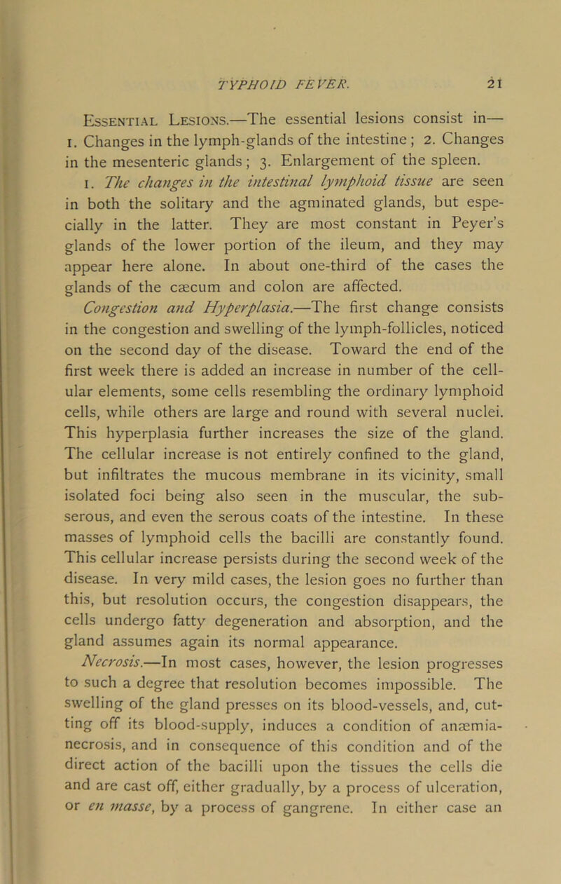 Essential Lesions.—The essential lesions consist in— i. Changes in the lymph-glands of the intestine; 2. Changes in the mesenteric glands; 3. Enlargement of the spleen. 1. The changes in the intestinal lymphoid tissue are seen in both the solitary and the agminated glands, but espe- cially in the latter. They are most constant in Peyer’s glands of the lower portion of the ileum, and they may appear here alone. In about one-third of the cases the glands of the caecum and colon are affected. Congestion and Hyperplasia.—The first change consists in the congestion and swelling of the lymph-follicles, noticed on the second day of the disease. Toward the end of the first week there is added an increase in number of the cell- ular elements, some cells resembling the ordinary lymphoid cells, while others are large and round with several nuclei. This hyperplasia further increases the size of the gland. The cellular increase is not entirely confined to the gland, but infiltrates the mucous membrane in its vicinity, small isolated foci being also seen in the muscular, the sub- serous, and even the serous coats of the intestine. In these masses of lymphoid cells the bacilli are constantly found. This cellular increase persists during the second week of the disease. In very mild cases, the lesion goes no further than this, but resolution occurs, the congestion disappears, the cells undergo fatty degeneration and absorption, and the gland assumes again its normal appearance. Necrosis.—In most cases, however, the lesion progresses to such a degree that resolution becomes impossible. The swelling of the gland presses on its blood-vessels, and, cut- ting off its blood-supply, induces a condition of anaemia- necrosis, and in consequence of this condition and of the direct action of the bacilli upon the tissues the cells die and are cast off, either gradually, by a process of ulceration, or en masse, by a process of gangrene. In either case an