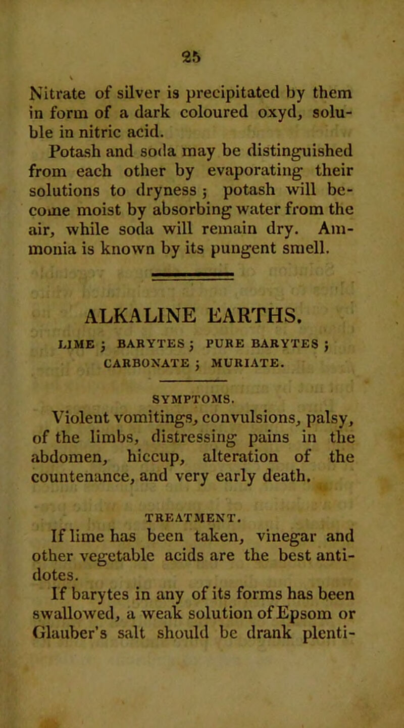 Nitrate of silver is precipitated by them in form of a dark coloured oxyd, solu- ble in nitric acid. Potash and soda may be distinguished from each other by evaporating their solutions to dryness ; potash will be- come moist by absorbing water from the air, while soda will remain dry. Am- monia is known by its pungent smell. ALKALINE EARTHS. I/I ME j BARYTESJ PURE BARYTES } CARBONATE J MURIATE. SYMPTOMS. Violent vomitings, convulsions, palsy, of the limbs, distressing pains in the abdomen, hiccup, alteration of the countenance, and very early death. TREATMENT. If lime has been taken, vinegar and other vegetable ucids are the best anti- dotes. If barytes in any of its forms has been swallowed, a weak solution of Epsom or Glauber’s salt should be drank plcnti-