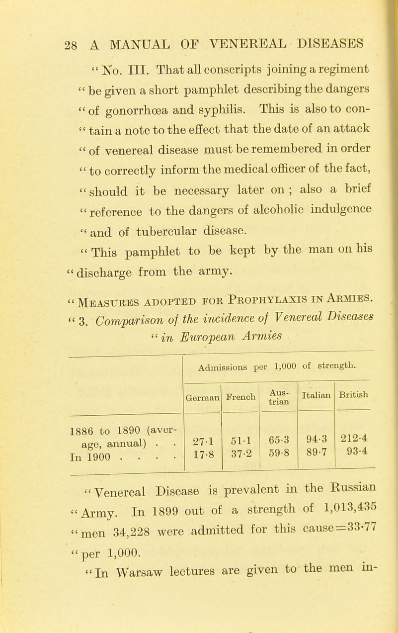 No. III. That all conscripts joining a regiment  be given a short pamphlet describing the dangers of gonorrhoea and syphilis. This is also to con-  tain a note to the effect that the date of an attack of venereal disease must be remembered in order  to correctly inform the medical officer of the fact, should it be necessary later on; also a brief reference to the dangers of alcoholic indulgence  and of tubercular disease.  This pamphlet to be kept by the man on his discharge from the army. Measttres adopted for Prophylaxis in Armies.  3. Comparison of the incidence of Venereal Diseases  in European Armies Admissions per 1,000 of strength. German French Aus- trian Italian British 1886 to 1890 (aver- age, annual) . In 1900 .... 27-1 17-8 511 37-2 65-3 59-8 94-3 89-7 212-4 93-4 Venereal Disease is prevalent in the Russian  Army. In 1899 out of a strength of 1,013,435 men 34,228 were admitted for this cause = 33-77 per 1,000. In Warsaw lectures are given to the men l