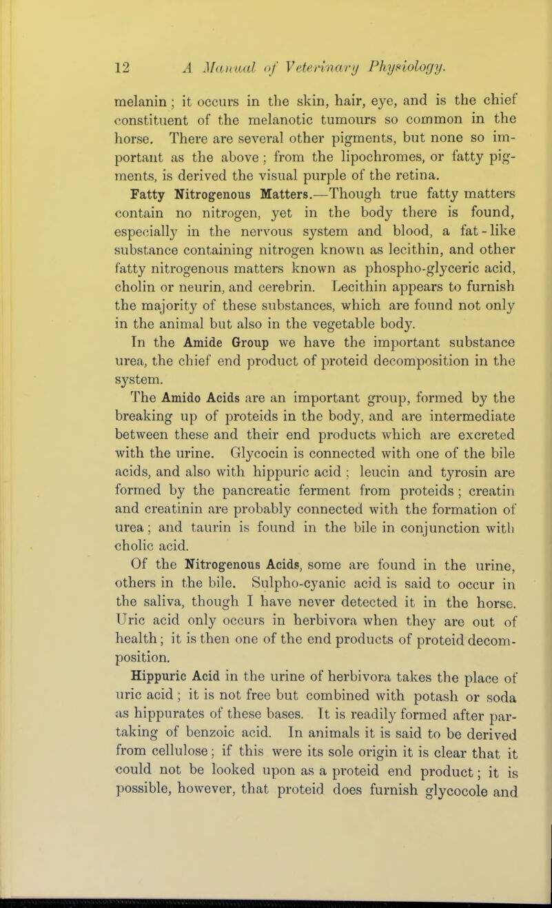 melanin; it occurs in the skin, hair, eye, and is the chief constituent of the melanotic tumours so common in the horse. There are several other pigments, but none so im- portant as the above ; from the lipochromes, or fatty pig- ments, is derived the visual purple of the retina. Fatty Nitrogenous Matters.—Though true fatty matters contain no nitrogen, yet in the body there is found, especially in the nervous system and blood, a fat-like substance containing nitrogen knoAvn as lecithin, and other fatty nitrogenous matters known as phospho-glyceric acid, cholin or neurin, and cerebrin. Lecithin appears to furnish the majority of these substances, which are found not only in the animal but also in the vegetable body. In the Amide Group we have the important substance urea, the chief end product of proteid decomposition in the system. The Amido Acids are an important group, formed by the breaking up of proteids in the body, and are intermediate between these and their end products which are excreted with the urine. Glycocin is connected with one of the bile acids, and also with hippuric acid : leucin and tyrosin are formed by the pancreatic ferment from proteids ; creatin and creatinin are probably connected with the formation of urea; and taurin is found in the bile in conjunction witli cholic acid. Of the Nitrogenous Acids, some are found in the urine, others in the bile. Sulpho-cyanic acid is said to occur in the saliva, though I have never detected it in the horse. Uric acid only occurs in herbivora when they are out of health; it is then one of the end products of proteiddecom- position. Hippuric Acid in the urine of herbivora takes the place of uric acid ; it is not free but combined with potash or soda as hippurates of these bases. It is readily formed after par- taking of benzoic acid. In animals it is said to be derived from cellulose; if this were its sole origin it is clear that it could not be looked upon as a proteid end product; it is possible, however, that proteid does furnish glycocole and