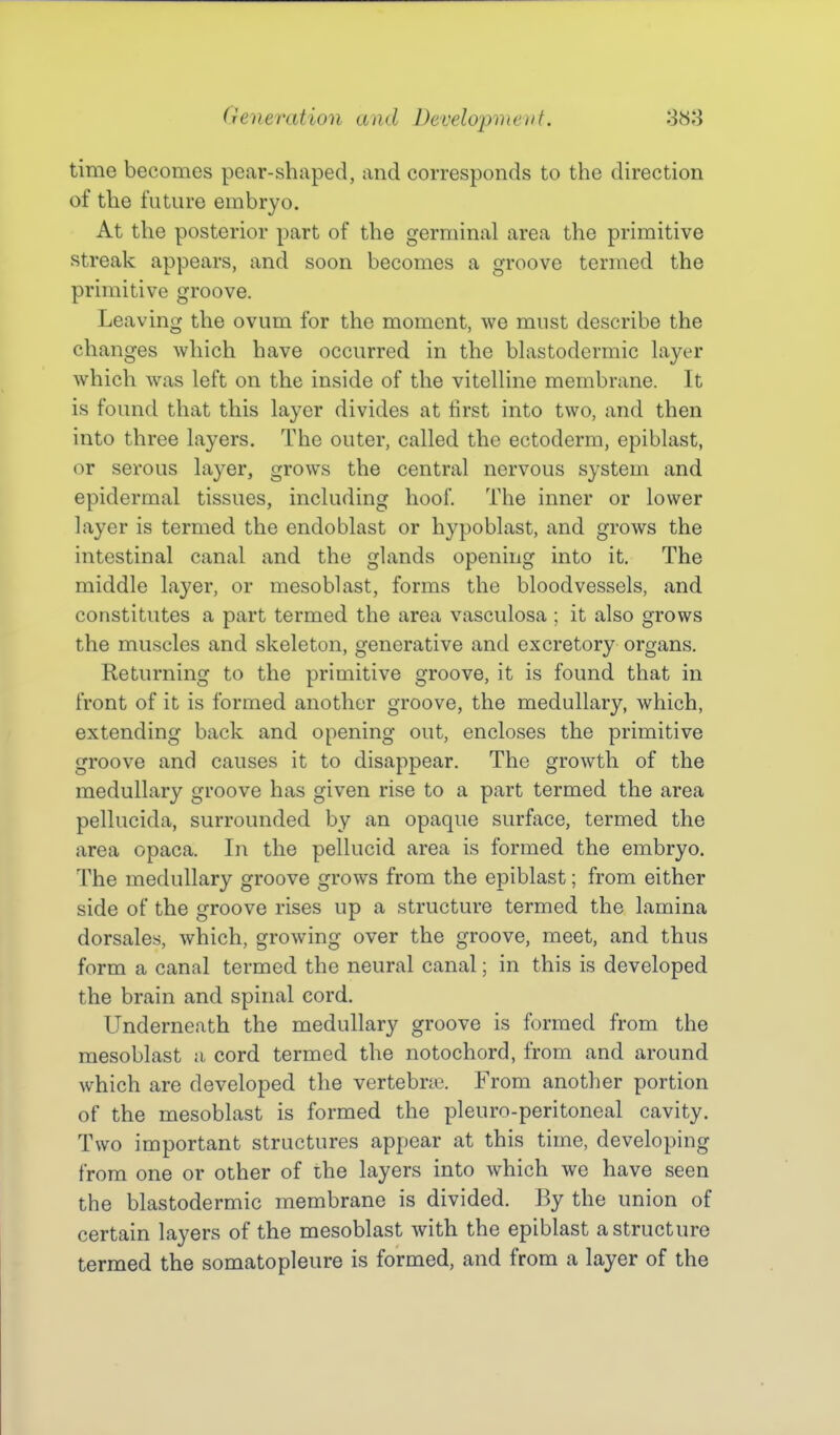 time becomes pear-shaped, and corresponds to the direction of the future embryo. At the posterior part of the germinal area the primitive streak appears, and soon becomes a groove termed the primitive groove. Leaving the ovum for the moment, we must describe the changes which have occurred in the bhistodermic layer which was left on the inside of the vitelline membrane. It is found that this layer divides at first into two, and then into three layers. The outer, called the ectoderm, epiblast, or serous layer, grows the central nervous system and epidermal tissues, including hoof The inner or lower layer is termed the endoblast or hypoblast, and grows the intestinal canal and the glands opening into it. The middle layer, or mesoblast, forms the bloodvessels, and constitutes a part termed the area vasculosa ; it also grows the muscles and skeleton, generative and excretory organs. Returning to the primitive groove, it is found that in front of it is formed another groove, the medullary, which, extending back and opening out, encloses the primitive groove and causes it to disappear. The growth of the medullary groove has given rise to a part termed the area pellucida, surrounded by an opaque surface, termed the area opaca. In the pellucid area is formed the embryo. The medullary groove grows from the epiblast; from either side of the groove rises up a structure termed the lamina dorsales, which, growing over the groove, meet, and thus form a canal termed the neural canal; in this is developed the brain and spinal cord. Underneath the medullary groove is formed from the mesoblast a cord termed the notochord, from and around which are developed the vertebne. From another portion of the mesoblast is formed the pleuro-peritoneal cavity. Two important structures appear at this time, developing from one or other of the layers into which we have seen the blastodermic membrane is divided. By the union of certain layers of the mesoblast with the epiblast a structure termed the somatopleure is formed, and from a layer of the