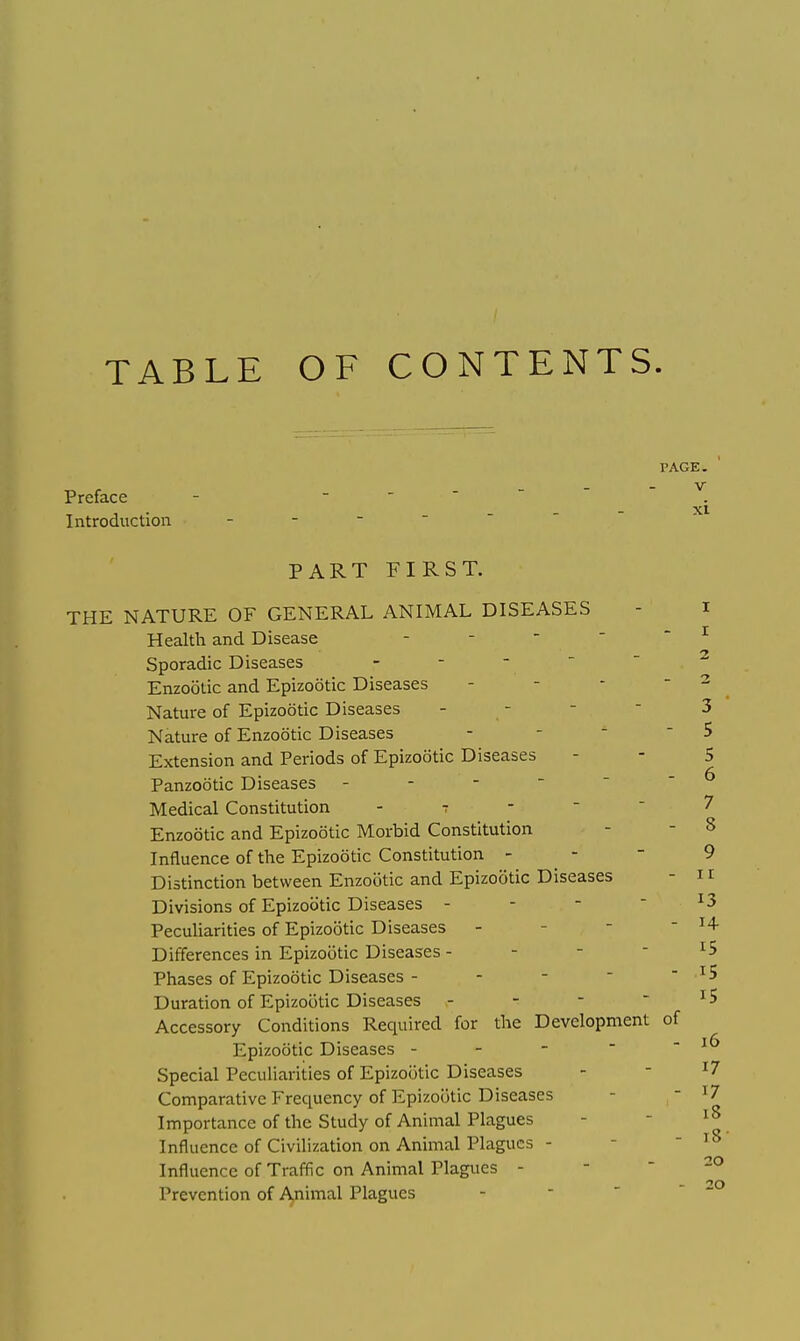 TABLE OF CONTENTS Preface - -. - Introduction - PART FIRST. THE NATURE OF GENERAL ANIMAL DISEASES Health and Disease Sporadic Diseases Enzootic and Epizootic Diseases Nature of Epizootic Diseases Nature of Enzootic Diseases Extension and Periods of Epizootic Diseases Panzootic Diseases - Medical Constitution - 7 Enzootic and Epizootic Morbid Constitution Influence of the Epizootic Constitution - Distinction between Enzootic and Epizootic Diseases Divisions of Epizootic Diseases - Peculiarities of Epizootic Diseases Differences in Epizootic Diseases - Phases of Epizootic Diseases , - Duration of Epizootic Diseases Accessory Conditions Required for the Development Epizootic Diseases - Special Peculiarities of Epizootic Diseases Comparative Frequency of Epizootic Diseases Importance of the Study of Animal Plagues Influence of Civilization on Animal Plagues - Influence of Traffic on Animal Plagues - Prevention of Animal Plagues