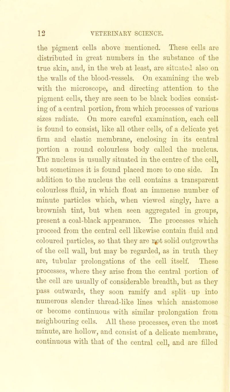 the pigment cells above mentioned. These cells are distributed in great numbers in the substance of the true skin, and, in the web at least, are situated also on the walls of the blood-vessels. On examining the web with the microscope, and directing attention to the pigment cells, they are seen to be black bodies consist- ing of a central portion, from which processes of various sizes radiate. On more careful examination, each cell is found to consist, like all other cells, of a delicate yet firm and elastic membrane, enclosing in its central portion a round colourless body called the nucleus. The nucleus is usually situated in the centre of the cell, but sometimes it is found placed more to one side. In addition to the nucleus the cell contains a transparent colourless fluid, in which float an immense number of minute particles which, when viewed singly, have a brownish tint, but when seen aggregated in groups, present a coal-black appearance. The processes which proceed from the central cell likewise contain fluid and coloured particles, so that they are npt solid outgrowths of the cell wall, but may be regarded, as in truth they are, tubular prolongations of the cell itself. These processes, where they arise from the central portion of the cell are usually of considerable breadth, but as they pass outwards, they soon ramify and split up into numerous slender thread-like lines which anastomose or become continuous with similar prolongation from neighbouring cells. All these processes, even the most minute, are hollow, and consist of a delicate membrane, continuous with that of the central cell, and are filled