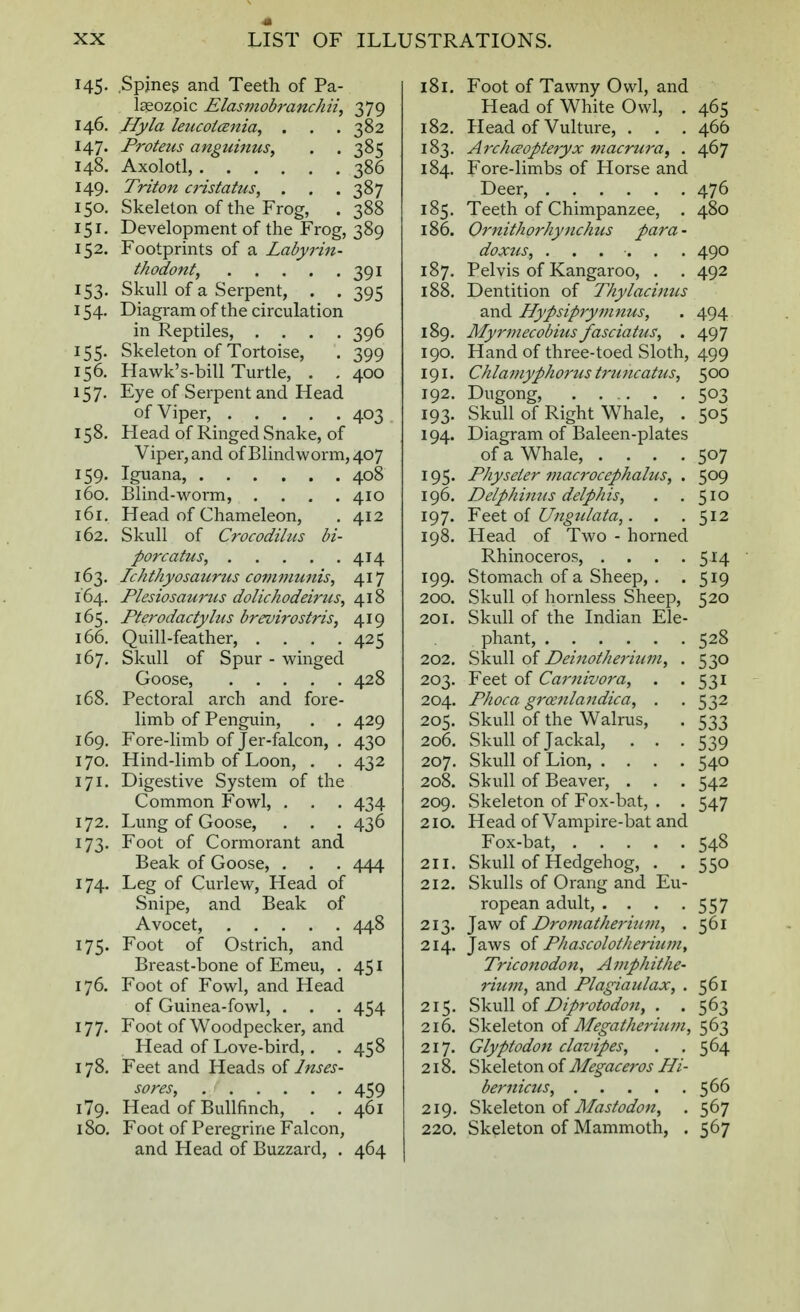 H5- 146. 147. 148. 149. 150. 151. 152. i53. 154. i55- 156. 157- 158. 159. 160. 161. 162. 163. 164. 165. 166. 167. 168. 169. 170. 171. 172. 173- 174. 175. 176. 177. 178. i79. 180. Spines and Teeth of Pa- laeozoic Elasmobranchii, Hyla leucotcenia, . Proteus anguinus, Axolotl, Triton cristatus, . Skeleton of the Frog, Development of the Frog, 389 Footprints of a Labyrin thodont, .... Skull of a Serpent, . Diagram of the circulation in Reptiles, . . Skeleton of Tortoise, Hawk's-bill Turtle, Eye of Serpent and Head of Viper, 403 Head of Ringed Snake, of Viper, and ofBlindworm,407 Iguana, 408 379 382 385 386 387 391 395 396 399 400 Blind-worm, Head of Chameleon, Skull of Crocodilus bi- porcatus, Ichthyosaurus communis, Plesiosaurus dolichodeirus, Pterodactylus brevirostris, Quill-feather, .... Skull of Spur - winged Goose, Pectoral arch and fore- limb of Penguin, . . Fore-limb of Jer-falcon, . Hind-limb of Loon, . . Digestive System of the Common Fowl, . . . Lung of Goose, . . . Foot of Cormorant and Beak of Goose, . . . Leg of Curlew, Head of Snipe, and Beak of Avocet, 44 Foot of Ostrich, and Breast-bone of Emeu, . Foot of Fowl, and Head of Guinea-fowl, . . . Foot of Woodpecker, and Head of Love-bird,. . Feet and Heads of Inses- 410 412 414 417 418 419 425 428 429 430 432 434 436 444 45i 454 458 sores, 459 Head of Bullfinch, . .461 Foot of Peregrine Falcon, and Head of Buzzard, . 464 181. Foot of Tawny Owl, and Head of White Owl, . 465 182. Head of Vulture, . . . 466 183. Archceopteryx niacrura, . 467 184. Fore-limbs of Horse and Deer, 476 185. Teeth of Chimpanzee, . 480 186. 07-nithorhynchus para- doxus, . . . . . . 490 187. Pelvis of Kangaroo, . . 492 188. Dentition of Thylacinus and Hypsiprymnus, . 494 189. Myrmecobiusfasciatus, . 497 190. Hand of three-toed Sloth, 499 191. Chlamyphorustruncatus, 500 192. Dugong, 193. Skull of Right Whale 194. Diagram of Baleen-plates of a Whale, . . . 195. Physeter macrocephalus, 196. Delphinus delphis, 197. Feet of Ungulata,. . 198. Head of Two - horned Rhinoceros, . . . 199. Stomach of a Sheep, . 200. Skull of hornless Sheep, 201. Skull of the Indian Ele phant, 202. Skull of Deinotherium 203. Feet of Carnivora, . 204. Phoca grcenlandica, . 205. Skull of the Walrus, 206. Skull of Jackal, . . 207. Skull of Lion, . . . 208. Skull of Beaver, . . 209. Skeleton of Fox-bat, . 210. Head of Vampire-bat and Fox-bat, .... 211. Skull of Hedgehog, . 212. Skulls of Orang and Eu ropean adult, ... 213. Jaw of Dromatherium, 214. Jaws of Phascolotherium Triconodon, Amphithe- rium, and Plagiaulax, 215. Skull of Diprotodon, . 216. Skeleton of Megatherium 217. Glyptodon clavipes, . , 218. Skeleton of Megaceros Hi bernicus, .... 219. Skeleton of Mastodon, 220. Skeleton of Mammoth,