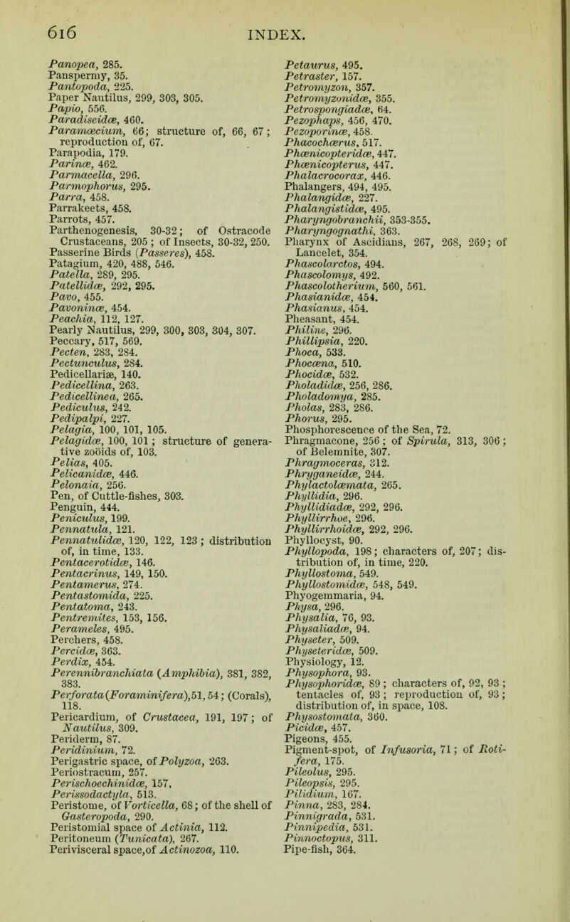 Panopea, 285. Panspermy, 35. Pantopoda, 225. Paper Nautilus, 299, 303, 305. Papio, 556. Paradiseidce, 460. Paramecium, 66; structure of, 66, 67 ; reproduction of, 67. Parapodia, 179. Parince, 462. Parmacella, 296. Parmophorus, 295. Parra, 458. Parrakeets, 458. Parrots, 457. Parthenogenesis, 30-32; of Ostracode Crustaceans, 205 ; of Insects, 30-32, 250. Passerine Birds {Passeres), 458. Patagium, 420, 488, 546. Patella, 289, 295. Patellidce, 292, 295. Pavo, 455. Pavonince, 454. Peachia, 112, 127. Pearly Nautilus, 299, 300, 303, 304, 307. Peccary, 517, 569. Pecten, 283, 284. Pectunculus, 284. Pedicellarise, 140. Pedicellina, 263. Pedicellinea, 265. Pediculus, 242. Pedipalpi, 227. Pelagia, 100, 101, 105. Pelagidce, 100, 101; structure of genera- tive zooids of, 103. .PeZia*, 405. Pelicanidce, 446. Pelonaia, 256. Pen, of Cuttle-fishes, 303. Penguin, 444. Peniculus, 199. Pennatula, 121. Pennatulidce, 120, 122, 123 ; distribution of, in time, 133. Pentacerotidce, 146. Pentacrinus, 149, 150. Pentamerus, 274. Pentastomida, 225. Pentatoma, 243. Pentremites, 153, 156. Perameles, 495. Perchers, 458. Percidce, 363. Perdix, 454. Perennibranchiata {Amphibia), 381, 382, 383. Perforata{Foraminifera),bl, 54; (Corals), 118. Pericardium, of Crustacea, 191, 197; of Nautilus, 309. Periderm, 87. Peridinium, 72. Perigastric space, of Polyzoa, 263. Periostracum, 257. Perischoechinidce, 157, Perissodactyla, 513. Peristome, of Vorticella, 68; of the shell of Gasteropoda, 290. Peristomial space of Actinia, 112. Peritoneum (Tunicata), 267. Perivisceral space,of Actinozoa, 110. Petaurus, 495. Petraster, 157. Petromyzon, 357. Petromyzonidce, 355. Petrospongiadce, 64. Pezophaps, 456, 470. Pezoporince, 458. Phacochcerus, 517. Phcenicopteridce, 447. Phcenicopterus, 447. Phalacrocorax, 446. Phalangers, 494, 495. Phalangidce, 227. Phalangistidce, 495. Pharyngobranchii, 353-355. Pharyngognathi, 363. Pharynx of Ascidians, 267, 268, 269; of Lancelet, 354. Phascolarctos, 494. Phascolomys, 492. Phascolotherium, 560, 561. Phasianidce, 454. Phasianus, 454. Pheasant, 454. Philine, 296. Phillipsia, 220. P/ioca, 533. Phoccena, 510. Phocidce, 532. Pholadidce, 256, 286. Pholadomya, 285. Photos, 283, 286. Phorus, 295. Phosphorescence of the Sea, 72. Phragmacone, 256 ; of Spirula, 313, 306 ; of Belemnite, 307. Phragmoceras, 312. Phryganeidce, 244. Phylactoloemata, 265. Phyllidia, 296. Phyllidiadce, 292, 296. Phyllirrhoe, 296. Phyllirrhoidce, 292, 296. Phyllocyst, 90. Phyllopoda, 198; characters of, 207; dis- tribution of, in time, 220. Phyllostoma, 549. Phyllostomidce, 548, 549. Phyogemmaria, 94. P/iysa, 296. Physalia, 76, 93. Physaliadce, 94. Physeter, 509. Physeteridce, 509. Physiology, 12. Physophora, 93. Physophoridce, 89 ; characters of, 92, 93 ; tentacles of, 93 ; reproduction of, 93 ; distribution of, in space, 108. Physostomata, 360. Picidce, 457. Pigeons, 455. Pigment-spot, of Infusoria, 71; of iZoii- /em, 175. Pileolus, 295. Pileopsis, 295. Pilidium, 167. Pinna, 283, 284. Pinnigrada, 531. Pinnipedia, 531. Pinnoctopus, 311. Pipe-fish, 364.