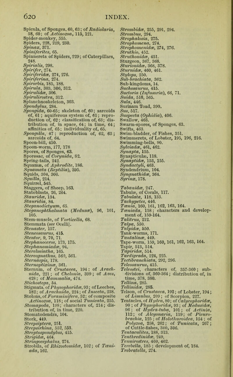 Spicnla, of Sponges, 60, 63; of Radiolaria, 58, 60; of Actinozoa, 115, 121. Spider-monkey, .555. Spiders, 228, 229, 230. Spinax, 371. Spiniferites, 65. Spinnerets of Spiders, 229; of Caterpillars, 248. Spinalis, 29S. Spirifer, 274. Spiriferidce, 274, 276. Spiriferina, 274. Spirorbis, 185, 188. Spirula, 303, 306, 312. Spirulidce, 306. Spirulirostra, 312. Splanchnoskeleton, 303. Spondylus, 284. Spongida, 60-65; skeleton of, 60; sarcoids of, 61 ; aquiferous system of, 61; repro- duction of, 62; classification of, 63; dis- tribution of, in space, 64; in time, 64; affinities of, 65; individuality of, 65. Spongilla, 47 ; reproduction of, 62, 63 ; sarcoids of, 64. Spoon-bill, 450. Spoon-worm, 177, 178 Spores, of Sponges, 63. Sporosac, of Corynida, 82. Spring-tails, 242. Squamae, of Aphrodite, 186. Squamata (Reptilia), 395. Squids, 304, 306. Squilla, 214. Squirrel, 545. Staggers, of Sheep, 163. Statoblasts, 26, 264. Stauridce, 134. Stauridia, 84. Steganodictyum, 65. Steganophthalmata (Medusce), 96, 101, 105. Stem-muscle, of Vorticella, 68. Stemmata (see Ocelli). Stenaster, 157. Steneosaurus, 415. Stentor, 9, 70, 71. Stephanoceros, 173, 175. Stephanomiadce, 94. Sterelmintha, 165. Stereognathus, 560, 561. Sternaspis, 178. Sternoptixince, 361. Sternum, of Crustacea, 194 ; of Arach- nida, 221; of Chelonia, 399 ; of A ves, 428; of Mammalia, 474. Stichostega, 54. Stigmata, of Physophoridce, 93; of Leeches, 182; of Arachnida, 224; of Insecta, 238. Stolons, of ForaminiJ'era , 52; of composite Actinozoa, 118; of social Tunicata, 255. Stomapoda, 198; characters of, 214; dis- tribution of, in time, 220. Stomatodendra, 104. Stork, 449. Strepsiptera, 251. Strepsirhina, 552, 553. Streptospondylus, 415. Strigidce, 464. Stringocephahis, 274. Strobila, of Rhizostomidce, 102 ; of Tceni- ada, 162. Strombidce, 255, 291, 294. Strombus, 294. Strophalosia, 275. Strophoinena, 274. Strophomenidce, 274, 276. Struthio, 452. Struthonidce, 451. Sturgeon, 367, 368. Sturionidce, 368, 378. Sturnidce, 460, 461. Stylops, 250. Sub-brachiata, 362. Sub-kingdoms, 14. Suchosaurus, 415. Suctoria (Infusoria), 66, 71. Smcto, 516, 565. SMa, 446. Surinam Toad, 390. Sms, 517. Suspecta (Ophidia), 406. Swallow, 463. Swarm-spores, of Sponges, 63. Swifts, 463. Swim-bladder, of Fishes, 351. Swimmerets, of Lobster, 195, 196, 216. Swimming-bells, 90. Sylviadce, 461, 462. Synapta, 155. Synapticulse, 118. Synaptidce, 153, 155. Syndactyli, 463. Syndendrium, 104. Syngnathidce, 364. Syrinx, 178. Tabanidce, 247. Tabula?, of Corals, 117. Tabulata, 118, 133. Tachypetes, 446. TVema, 160, 161, 162, 163, 164. Tceniada, 158; characters and develop- ment of, 159-164. Talitrus, 212. Ta^a, 550. Talpidce, 550. Tank-worms, 171. Tantalince, 449. Tape-worm, 159, 160, 161, 162, 163, 164. Tapir, 513, 514. Tapiridaz, 514. Tardigrada, 224, 225. Tectibranchiata, 292, 296. Teleosaurus, 415. Teleostei, characters of, 357-360 ; sub- divisions of, 360-364; distribution of, in time, 378, 380. Tellina, 285. Tellinidoe, 285. Telson, of Crustacea, 192; of Lobster, 194; of Limulus, 209 ; of Scorpion, 227. Tentacles, of Hydra, 80; of Calycophoridce, 90 ; of Physophoridce, 93 ; of Medusidce, 96 ; of Hydra-tuba, 101 ; of Actinia, 112; of Alcyonaria, 119; of Pleuro- brachia, 125 ; of Holothuroidea, 154 ; of Polyzoa, 258, 262; of Tunicata, 267; of Cuttle-fishes, 300, 306. Tentaculites, 188, 313. Tenthredinidce, 249, Tenuirostres, 460, 462. Terebella, 185 ; development of, 184. Trebratella, 274.