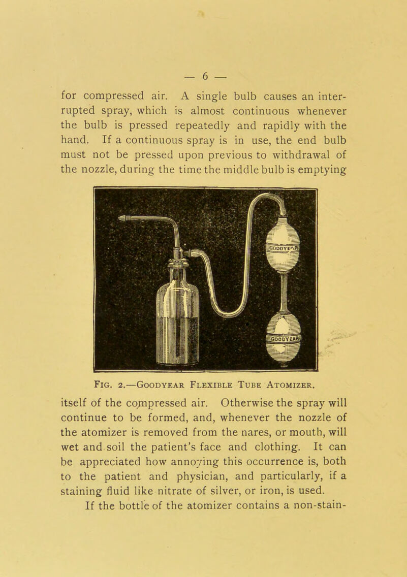 for compressed air. A single bulb causes an inter- rupted spray, which is almost continuous whenever the bulb is pressed repeatedly and rapidly with the hand. If a continuous spray is in use, the end bulb must not be pressed upon previous to withdrawal of the nozzle, during the time the middle bulb is emptying Fig. 2.—Goodyear Flexible Tube Atomizer. itself of the co/npressed air. Otherwise the spray will continue to be formed, and, whenever the nozzle of the atomizer is removed from the nares, or mouth, will wet and soil the patient’s face and clothing. It can be appreciated how annoying this occurrence is, both to the patient and physician, and particularly, if a staining fluid like nitrate of silver, or iron, is used. If the bottle of the atomizer contains a non-stain-