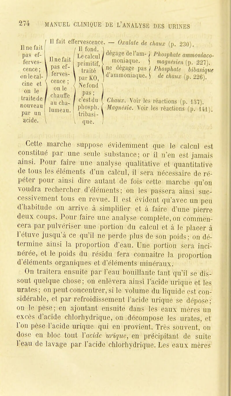 Il ne fait pas ef- ferves- l cence; \ on le cal- ) cine et \ on le I traite de f nouveau par un acide. \ / Il fait effervescence. — Omlale de chaux (p. 230). Cette marche suppose évidemment que le calcul est constitué par une seule substance; or il n'en est jamais ainsi. Pour faire une analyse qualitative et quantitative de tous les éléments d'un calcul, il sera nécessaire de ré- péter pour ainsi dire autant de fois cette marche qu'on voudra rechercher d'éléments; on les passera ainsi suc- cessivement tous en revue. Il est évident qu'avec un peu d'habitude on arrive à simplifier et k faire d'une pierre deux coups. Pour faire une analyse complète, on commen- cera par pulvériser une portion du calcul et à le placer à l'étuve jusqu'à ce qu'il ne perde plus de son poids; on dé- termine ainsi la proportion d'eau. Une portion sera inci- nérée, et le poids du résidu fera connaître la proportion d'éléments organiques et d'éléments minéraux. On traitera ensuite par l'eau bouillante tant qu'il se dis- sout quelque chose ; on enlèvera ainsi l'acide urique et les urates ; on peut concentrer, si le volume du liquide est con- sidérable, et par refroidissement l'acide urique se dépose; on le pèse; en ajoutant ensuite dans les eaux mères un excès d'acide chlorhydrique, on décompose les urates, et l'on pèse l'acide urique qui en provient. Très souvent, on dose en bloc tout Yacide urique, en précipitant de suite l'eau de lavage par l'acide chlorhydrique. Les eaux mères