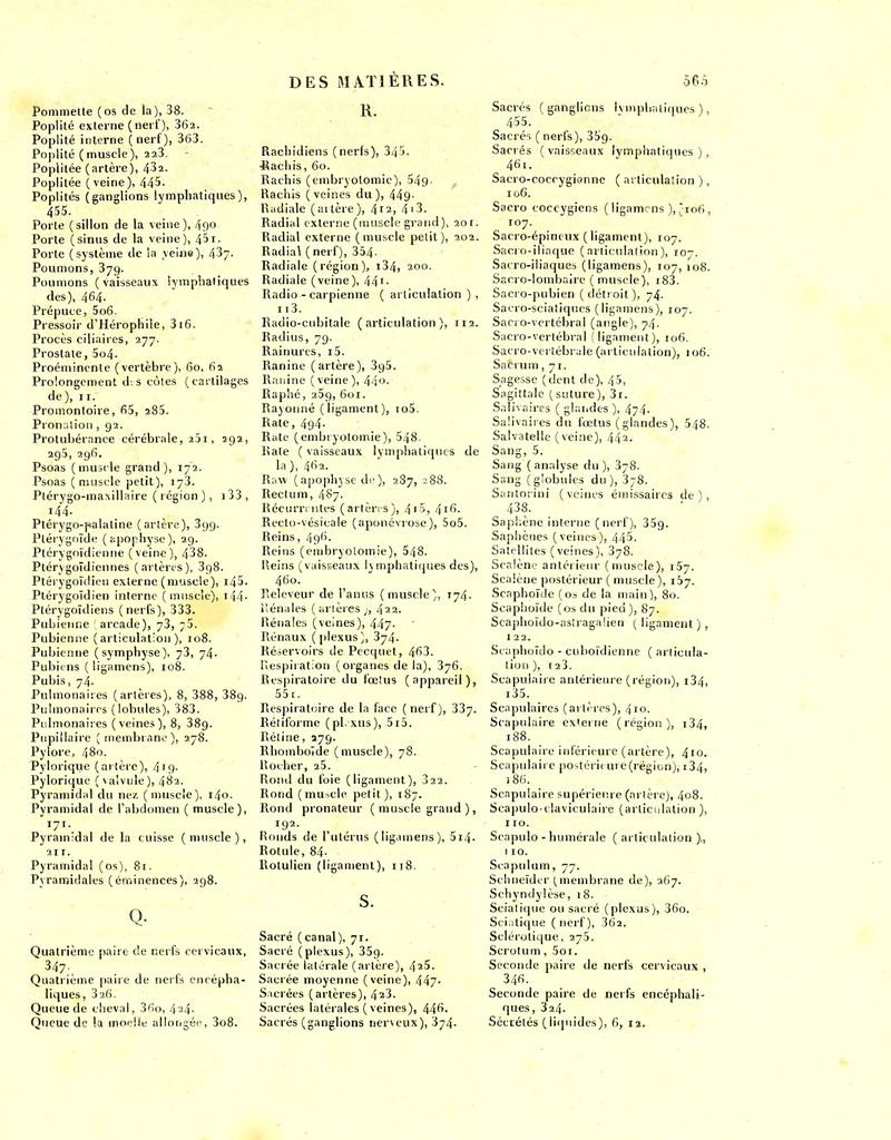 Pommette (os de la), 38. Poplilé externe (nerf), 362. Poplité interne (nerf), 363. Po|)lité ( muscle), 223. Poplitée (artère), 432. Poplitée ( veine), 445. Poplités (ganglions lymphatiques), 455. Porte (sillon de la veine), 490 Porte (sinus de la veine), 451- Porte (système de la veine), 437- Poumons, 379. Poumons (vaisseaux lymphatiques des), 464. Prépuce, 5o6. Pressoir d'Hérophile, 3 16. Procès ciliaiies, 277. Prostate, 5o4. Proéminente (vertèbre), 60, 62 Prolongement d-.s côtes (cai tilages de), II. Promontoire, 65, 280. PronalioLi, 92. Protubérance cérébrale, 251, 292, 295, 296. Psoas (muscle grand), 172. Psoas (muscle petit), 173. Plérygo-maxillaire (région), i33, 144. Ptérygo-palatine (artère), 899. Ptérygoïde (apophyse), 29. Ptérygoïdienrie (veine), 438. Ptérygoîdiennes (artères), 898. Ptérygoïdien externe (muscle), i45. Ptérygoïdlen interne (muscle), i44- Ptérygoïdiens (nerfs), 333. Pubienne [ arcade), y3, 75. Pubienne (articulation), 108. Pubienne (symphyse), 78, 74. Pubitns ( ligamens), 108. Pubis, 74. Pulmonaires (artères), 8, 388, 889. Pulmonaires (lobules), 383. Pulmonaires (veines), 8, 38q. Piipiilaire ( membrane), 278. Pylore, 480. Pytorique (artère), 419- Pyloriquc ( \ alvule ), 482. Pyramidal du nez (muscle), i4o. Pyramidal de l'abdomen ( muscle), 171. Pyramidal de la cuisse (muscle), 211. Pyramidal (os), 81. Pyramidales (éminences), 298. Q. Quatrième paire de nerfs cervicaux, 347-_ Quatrième paire de nerfs encépha- liques, 826. Queue de clieval, 36o, 4^4. Queue de la moi-lie allongée, 3o8. DES MATIÈRES. R. Rachidiens (nerfs), 345. lîacliis, 60. Rachis (embryotomic), 549- Racliis (veines du), 449- Radiale (aitère), 412, 4'3. Radial externe (muscle grand), 201. Radial externe (muscle petit), 202. Radia\ (nerf), 354. Radiale (région), 184, 200. Radiale (veine), 44i- Radio - carpienne ( articulation ) , 118. Kadio-cubitale (articulation), 112. Radius, 79. Rainures, i5. Ranine (artère), 895. Raiiine ( veine ), 44'^- Raphé, 259, 601. Rayonné ( ligament), io5. Rate, 494. Rate (embiyotomie), 548. Rate ( vaisseaux lymphatiques de la), 462. Raw (apophyse di'), 287, ;8S. Reclum, 487. Récurrentes (artères), 4i5, 4i6. Recto-vésicale (aponévrose), 5o5. Reins, 496. Reins (embryolomie), 548. Reins (vaisseaux i\mphatiipies des), 460. Releveur de l'anus (muscle), 174. i'iénales (arlèrcs;, 422. Rénales (veines), 447. Rénaux (plexus), 874. Ré.servoirs de Pecquet, 468. Respiration (organes de la), 876. Respiratoire du fœtus (appareil), 55i. Respiratoire de la face (nerf), 887. Rétilbrme (pLxus), 5i5. Réline, 279. Rhomboïde (muscle), 78. Rocher, 25. Rond du foie (ligament), 822. Rond (muscle petit), 187. Rond pronateur ( muscle grand ), 192. Ronds de l'utérus (ligamens), 514. Rotule, 84- Rotulien (ligament), 118. S. Sacré (canal), 71. Sacré (plexus), 35g. Sacrée latérale (artère), 425. Sacrée moyenne (veine), 447- Sacrées (artères), 428. Sacrées latérales ( veines), 446. Sacrés (ganglions nerveux), 874. 565 Sacrés (ganglions K mph;ai((ucs ) , 455. Sacré-. ( nerfs), 35'9. Sacrés (vaisseaux lymphatiques), 461. Sacro-cocrygionne ( articulation ), 106. Sacro coccygiens ( ligamens ), 106 , 107. Sacro-épineux ( ligament), 107. Saci o-iliaque ( nriiculation ), 107. Sacro-iliaques (ligamens), 107, 108. Sacro-lombaire ( muscle), i83. Sacro-pubien (détroit), 74. Sacro-sciatiqucs (ligamens), 107. Sacro-vertébral (angle), 74. Sacro-vertébral (ligament), 106. Sacro-verîébi ale (articulation), 106. Sacrum, 71. Sagesse (dent de), 45, Sagittale (suture), 3i. Salivaires ( glaiides ), 474. Salivaires du fœtus (glandes), 548. Salvatelle (veine), 442. Sang, 5. Sang (analyse du ), 878. Sang (globules du), 878. S;intorini (veines émissaires de), 438. Saphène interne (nerf), 359. Saphènes (veines), 445. Satellites (veines), 878. Scalène antérieur (muscle), 157. Scalène postérieur ( muscle), 157. Scaphoïde (os de la main), 80. Scaplioïile (os du pied), 87. Scaphoïdo-asîragalien ( ligament ), I 22. Scaphoïdo - cuboïdienne ( articula- tion ), 128. Scapulaire antérieure (région), 184, Scapulaires (artères), 410. Scapulaire exteine (région), 184, 188. Scapulaire inférieure (artère), 410. Scapulaire postérie ure (région), 184, i86. Scapulaire supérieure (artère), 408. Sca|)ulo claviculaire (articulation ), 110. Seapulo - humérale (articulation )„ 110. Seapulum, 77. Schneider (.membrane de), 267. Schyndylèse, 18. Seialique ou sacré (plexus), 36o. Sciatique ( nerf), 862. Sclérotique, 275. Scrotum , 5oi. Seconde paire de nerfs cervicaux , 346. Seconde paire de nerfs encéphali- ques , 824. Sécrétés (iicpiides), 6, 12.