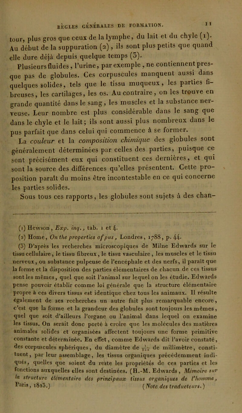 tour, plus gros que ceux de la lymphe, du lait et du chyle (1). Au début de la suppuration (2), ils sont plus petits que quand elle dure déjà depuis quelque temps (5). Plusieurs fluides, l’urine, par exemple, ne contiennent pres- que pas de globules. Ces corpuscules manquent aussi dans quelques solides, tels que le tissu muqueux, les parties fi- breuses, les cartilages, les os. Au contraire, on les trouve en grande quantité dans le sang, les muscles et la substance ner- veuse. Leur nombre est plus considérable dans le sang que dans le chyle et le lait; ils sont aussi plus nombreux dans le pus parfait que dans celui qui commence à se former. La couleur et la composition chimique des globules sont généralement déterminées par celles des parties, puisque ce sont précisément eux qui constituent ces dernières, et qui sont la source des différences qu’elles présentent. Cette pro- position paraît du moins être incontestable en ce qui concerne les parties solides. Sous tous ces rapports, les globules sont sujets à des chan- (1) Hewson , Exp. inq., tab. 1 et 4- (2) Home, Ontlie propertics ofpus, Londres, 1788, p. 44- (3) D’après les recherches microscopiques de Milne Edwards sur le tissu cellulaire, le tissu fibreux, le tissu vasculaire , les muscles et le tissu nerveux, ou substance pulpeuse de l’encéphale et des nerfs, il paraît que la forme et la disposition des parties élémentaires de chacun de ces tissus sont les mêmes, quel que soit l’animal sur lequel on les étudie. Edwards pense pouvoir établir comme loi générale que la structure élémentaire propre à ces divers tissus est identique chez tous les animaux. Il résulte également de scs recherches un autre fait plus remarquable encore, c’est que la forme et la grandeur des globules sont toujours les mêmes, quel que soit d’ailleurs l’organe ou l’animal dans lequel on examine les tissus. On serait donc porté il croire que les molécules des matières animales solides et organisées affectent toujours une forme primitive constante et déterminée. En effet, comme Edwards dit l’avoir constaté, des corpuscules sphériques, du diamètre de yt- de millimètre, consti- tuent, parleur assemblage, les tissus organiques précédemment indi- qués, quelles que soient du re^te les propriétés de ces parties et les fonctions auxquelles elles sont destinées. (H.-M. Edwards , Mémoire sur la structure élémentaire des principaux tissus organiques de l’Iiomme, Taris, 1823.) ( Note des traducteurs. )