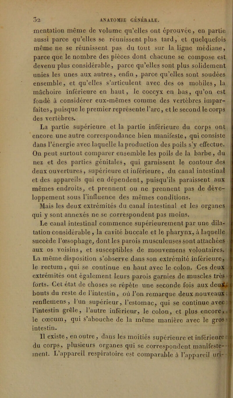 mentation même de volume qu’elles ont éprouvée, en partie aussi parce qu’elles se réunissent plus tard, et quelquefois même ne se réunissent pas du tout sur la ligne médiane, parce que le nombre des pièces dont chacune se compose est devenu plus considérable, parce qu’elles sont plus solidement unies les unes aux autres, enfin, parce qu’elles sont soudées ensemble, et qu’elles s’articulent avec des os mobiles, la mâchoire inférieure en haut, le coccyx en bas, qu’on est I fondé à considérer eux-mêmes comme des vertèbres impar- faites, puisque le premier représente l’arc, et le second le corps des vertèbres. La partie supérieure et la partie inférieure du corps ont encore une autre correspondance bien manifeste, qui consiste dans l’énergie avec laquelle la production des poils s’y effectue. On peut surtout comparer ensemble les poils de la barbe, du nez et des parties génitales, qui garnissent le contour des deux ouvertures, supérieure et inférieure, du canal intestinal • et des appareils qui en dépendent, puisqu’ils paraissent aux mêmes endroits, et prennent ou ne prennent pas de déve- loppement sous l’influence des mêmes conditions. Mais les deux extrémités du canal intestinal et les organes ; qui y sont annexés ne se correspondent pas moins. Le canal intestinal commence supérieurement par une dila- tation considérable , la cavité buccale et le pharynx, à laquelle ' succède l’œsophage, dont les parois musculeuses sont attachées ; aux os voisins, et susceptibles de mouvemens volontaires. La même disposition s’observe dans son extrémité inférieure, le rectum, qui se continue en haut avec le colon. Ces deux extrémités ont également leurs parois garnies de muscles très • - forts. Cet état de choses se répète une seconde fois aux deux,- bouts du reste de l’intestin, où l’on remarque deux nouveaux renflemens, l'un supérieur, l’estomac, qui se continue avec l’intestin grêle, l’autre inférieur, le colon, et plus encore,-i le cæcum, qui s’abouche de la même manière avec le gros-y intestin. Il existe, en outre, dans les moitiés supérieure et inférieure j du corps, plusieurs organes qui se correspondent manifeste- j ment. L’appareil respiratoire est comparable ù l’appareil mi-