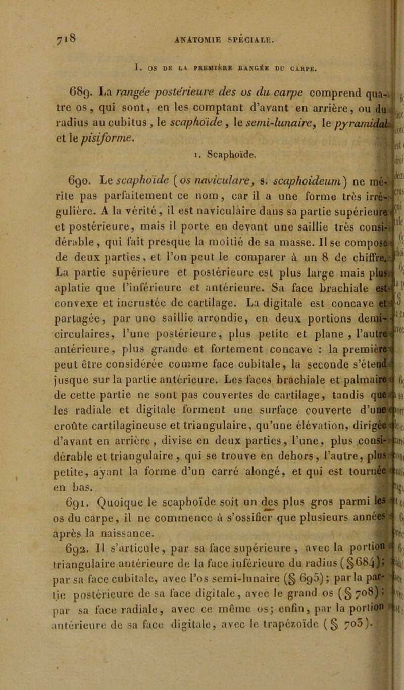 ]. OS DE GA PREMIÈRE RANGÉE DU CARPE. 68g. La rangée postérieure des os du carpe comprend qua- tre os, qui sont, en les comptant d’avant en arrière, ou du son radius au cubitus, le scaphoïde, le semi-lunaire, le pyramidal et le pisiforme. i. Scaphoïde. rçui ale ICI & >sa 690. Le scaphoïde [os îutviculare, s. scaphoideum) ne mé- rite pas parfaitement ce nom, car il a une forme très irré- gulière. A la vérité, il est naviculaire dans sa partie supérieure et postérieure, mais il porte en devant une saillie très consi- dérable, qui fait presque la moitié de sa masse. Il se compose de deux parties, et l’on peut le comparer à un 8 de chiffre. La partie supérieure et postérieure est plus large mais plus aplatie que l’inférieure et antérieure. Sa face brachiale est convexe et incrustée de cartilage. La digitale est concave et partagée, par une saillie arrondie, en deux portions demi-- circulaires, l’une postérieure, plus petite et plane , l’autre antérieure, plus grande et fortement concave : la première peut être considérée comme face cubitale, la seconde s’étend jusque sur la partie antérieure. Les faces brachiale et palmaire de cette partie ne sont pas couvertes de cartilage, tandis que les radiale et digitale forment une surface couverte d’une t^iort croûte cartilagineuse et triangulaire, qu’une élévation, dirig d’avant en arrière, divise en deux parties, l’une, plus consi- an, dérable et triangulaire, qui se trouve en dehors, l’autre, plus % petite, ayant la forme d’un carré alongé, et qui est tournée en bas. 691. Quoique le scaphoïde soit un des plus gros parmi les os du carpe, il ne commence à s’ossifier que plusieurs années après la naissance. 692. Il s’articule, par sa face supérieure, avec la portion triangulaire antérieure de la face inférieure du radius (§684)» par sa face cubitale, avec l’os semi-lunaire (g 6g5); parla par- tie postérieure de sa face digitale, avec le grand os (g?o8): par sa face radiale, avec ce même os ; enfin, par la portion antérieure de sa face digitale, avec le trapézoïdc (g ?o5). *C