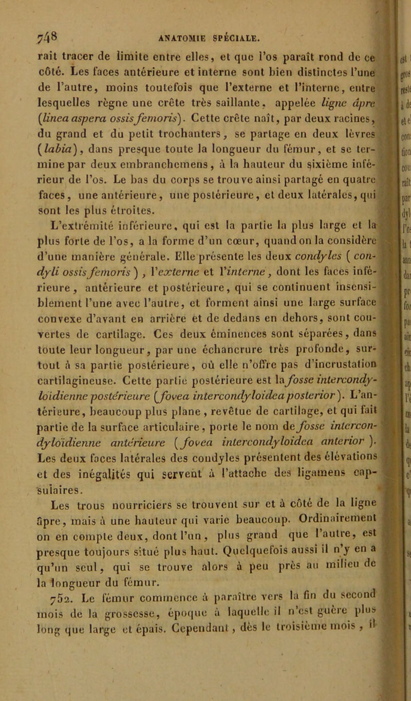 rait tracer de limite entre elles, et que l’os paraît rond de ce côté. Les faces antérieure et interne sont bien distinctes l’une de l’autre, moins toutefois que l’externe et l’interne, entre lesquelles règne une crête très saillante, appelée ligne âpre (linea aspera ossisfemoris). Cette crête naît, par deux racines, du grand et du petit trochanters, se partage en deux lèvres [labia), dans presque toute la longueur du fémur, et se ter- mine par deux embranchcmens , à la hauteur du sixième infé- rieur de l’os. Le bas du corps se trouve ainsi partagé en quatre faces, une antérieure, une postérieure, et deux latérales, qui sont les plus étroites. L’extrémité inférieure, qui est la partie la plus large et la plus forte de l’os, a la forme d’un cœur, quand on la considère d’une manière générale. Elle présente les deux condyles ( con- dyli ossis femoris) , V externe et Y interne, dont les faces infé- rieure, antérieure et postérieure, qui se continuent insensi- blement l’une avec l’autre, et forment ainsi une large surface convexe d’avant en arrière et de dedans en dehors, sont cou- vertes de cartilage. Ces deux éminences sont séparées, dans toute leur longueur, par une échancrure très profonde, sur- tout A sa partie postérieure, où elle n’offre pas d’incrustation cartilagineuse. Celte partie postérieure est la fosse inlercondy- loidienne postérieure [fovea intercondyloideaposlerior). L’an- térieure, beaucoup plus plane , revêtue de cartilage, et qui fait partie de la surface articulaire, porte le nom de fosse inlcrcon- dyloidienne antérieure [fovea intercondyloidea anterior ). Les deux faces latérales des condyles présentent des élévations et des inégalités qui servent à l’attache des ligamens cap- sulaires. Les trous nourriciers se trouvent sur et à côté de la ligne âpre, mais à une hauteur qui varie beaucoup. Ordinairement on en compte deux, dont l’un , plus grand que l’autre, est presque toujours situé plus haut. Quelquefois aussi il n’y en a qu’un seul, qui se trouve alors à peu près au milieu de la longueur du fémur. 7Ô2. Le fémur commence à paraître vers la fin du second mois de la grossesse, époque à laquelle il n est guère plus long que large et épais. Cependant, dès le troisième mois , il