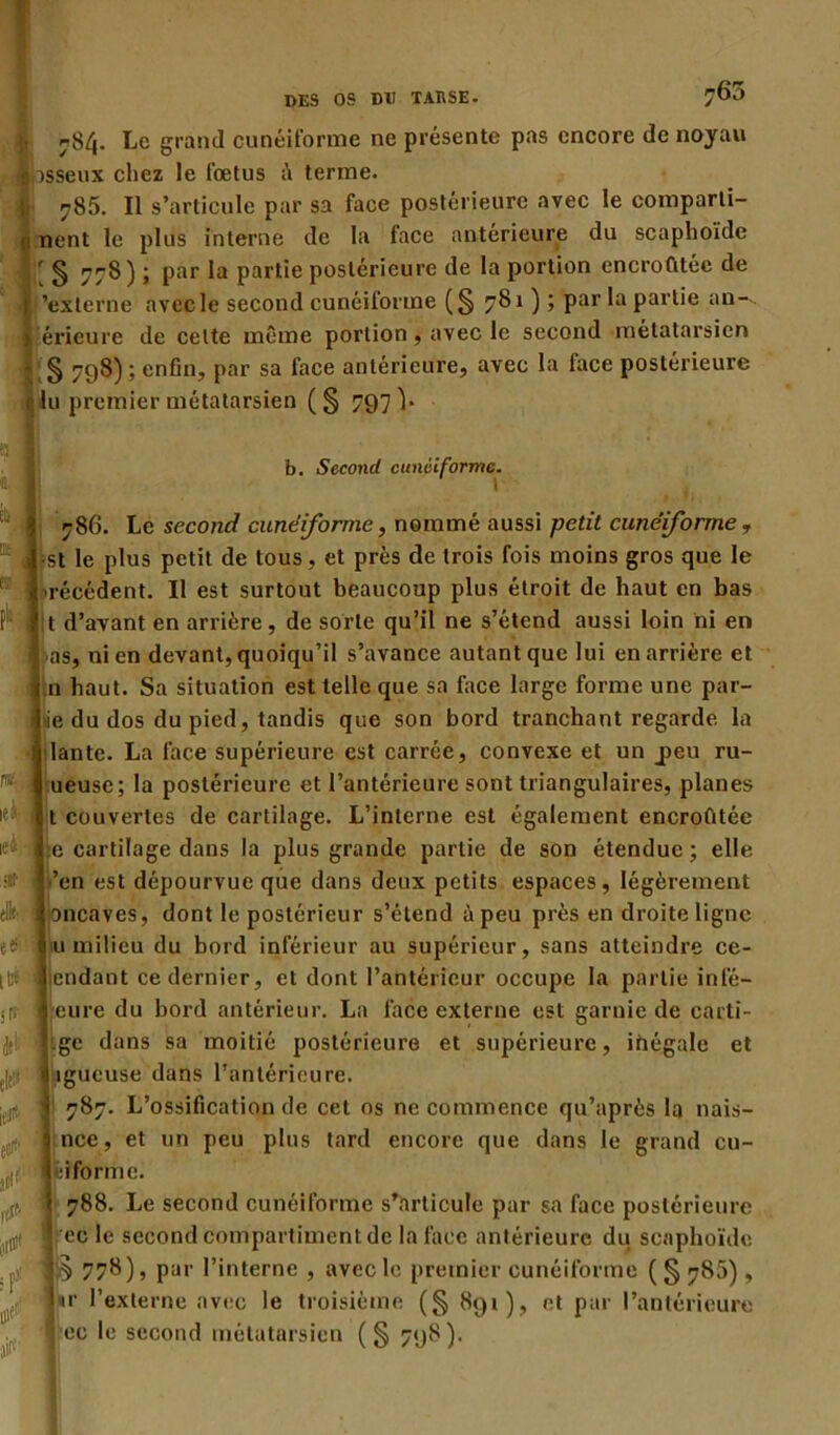 ;65 n84- Le grand cunéiforme ne présente pas encore de noyau ■osseux chez le fœtus terme. r05. Il s’articule par sa face postérieure avec le comparti- nent le plus interne de la face anterieure du scaphoïde § 778) ; par la partie postérieure de la portion encrofitéc de 'externe avec le second cunéiforme (§ 781 ) ; par la partie au- , éricure de celte même portion, avec le second métatarsien § 798) ; enfin, par sa face antérieure, avec la face postérieure lu premier métatarsien (§ 797 V b. Second cunéiforme. I 786. Le second cunéiforme, nommé aussi petit cunéiforme , st le plus petit de tous , et près de trois fois moins gros que le u-écédent. Il est surtout beaucoup plus étroit de haut en bas t d’avant en arrière, de sorte qu’il ne s’étend aussi loin ni en ■as, ni en devant, quoiqu’il s’avance autant que lui en arrière et n haut. Sa situation est telle que sa face large forme une par- ie du dos du pied, tandis que son bord tranchant regarde la lante. La face supérieure est carrée, convexe et un j)eu ru- ueuse; la postérieure et l’antérieure sont triangulaires, planes t couvertes de cartilage. L’interne est également encroûtée ;e cartilage dans la plus grande partie de son étendue ; elle ’en est dépourvue que dans deux petits espaces, légèrement oncaves, dont le postérieur s’étend à peu près en droite ligne u milieu du bord inférieur au supérieur, sans atteindre ce- endant ce dernier, et dont l’antérieur occupe la partie infé- eure du bord antérieur. La face externe est garnie de carti- ,gc dans sa moitié postérieure et supérieure, ihégale et igueuse dans l’antérieure. 787. L’ossification de cet os ne commence qu’après la nais- nce, et un peu plus tard encore que dans le grand cu- fciforme. 788. Le second cunéiforme s’articule par sa face postérieure ce le second compartiment de la face antérieure du scaphoïde 5 778), par l’interne , avec le premier cunéiforme (§ 785) , itr l’externe avec le troisième (§ 891), et par l’antérieure ■jj ec le second métatarsien ( § 798). Pï; ieà- iei fit- elle. et Ü* s* ** (W iiiiit /1 # 1# ;PJ; ^if1