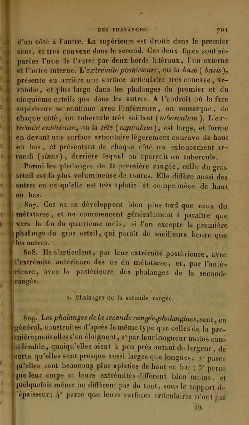 DES PITAEANGES. 7OI ' s d’un côté ù l’autre. La supérieure est droite dans le premier sens, et très convexe dans le second. Ces deux faces sont sé- parées l’une de l’autre par deux bords latéraux, l’un externe et l’autre interne. L’extrémité postérieure, ou la base ( basis ), présente en arrière une surface articulaire très concave, ar- rondie, et plus large dans les phalanges du premier et du cinquième orteils que dans les autres. A l’endroit où la face supérieure se continue avec l’inférieure, on remarque, de chaque côté, un tubercule très saillant [tuberculum ). L'ex- trémité antérieure, ou la tête (capitulurri), est large, et forme en devant une surface articulaire légèrement concave de haut en bas, et présentant de chaque côté un enfoncement ar- rondi [sinus) , derrière lequel on aperçoit un tubercule. Parmi les phalanges de la première rangée, celle du gros orteil est la plus volumineuse de toutes. Elle diffère aussi des autres en ce qu’elle est très aplatie et compriméee de haut en bas. 807. Ces os se développent bien plus tard que ceux du métatarse , et ne commencent généralement à paraître que vers la fin du quatrième mois, si l’on excepte la première phalange du gros orteil, qui paraît de meilleure heure que les autres. 808. Us s’articulent, par leur extrémité postérieure, avec l’extrémité antérieure des os du métatarse, et, par l’anlé- rrieure, avec la postérieure des phalanges de la seconde rangée. 2. Phalanges de la seconde rangée. ! . j. 809. Les phalanges delà seconde rangée,phalangines,sont, en général, construites d’après le même type que celles de la pre- mière;mais elles s’en éloignent, i°par leurlongueur moins con- sidérable, quoiqu’elles aient à peu près autant de largeur, de sorte qu’elles sont presque aussi larges que longues; a0 parce qu’elles sont beaucoup plus aplaties de haut en bas ; 3° parce que leur corps et leurs extrémités diffèrent bien moins, et î quelquefois même ne diffèrent pas du tout, sous le rapport de < 'épaisseur ; 4° parce que leurs surfaces articulaires n’ont pas 49ï