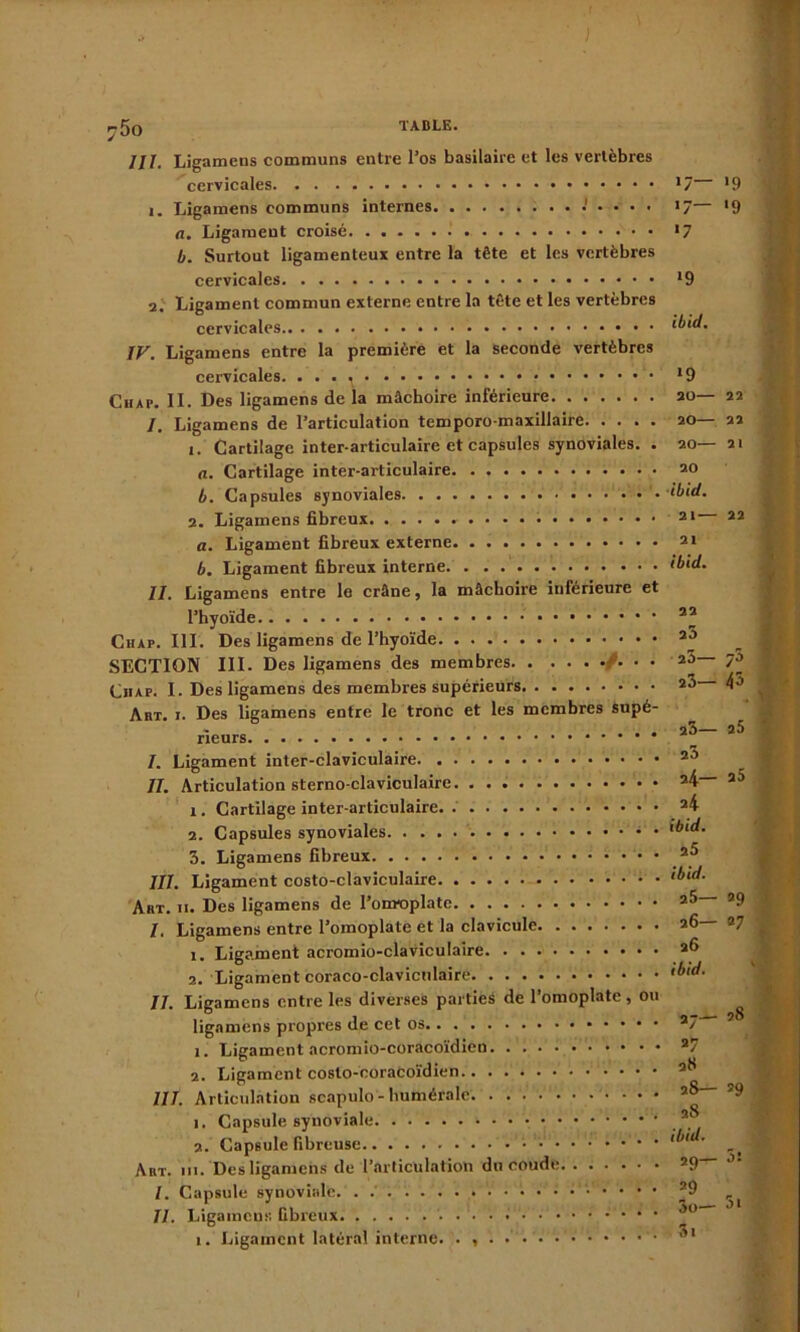 III. Ligamens communs entre l’os basilaire et les vertèbres cervicales î. Ligamens communs internes n. Ligament croisé b. Surtout ligamenteux entre la tête et les vertèbres cervicales 2. Ligament commun externe entre la tête et les vertèbres cervicales IF. Ligamens entre la première et la seconde vertèbres cervicales. . . . ^ • Chai*. II. Des ligamens de la mâchoire inférieure /. Ligamens de l’articulation temporo-maxillaire 1. Cartilage inter-articulaire et capsules synoviales. . n. Cartilage inter-articulaire b. Capsules synoviales 2. Ligamens fibreux «. Ligament fibreux externe b. Ligament fibreux interne. . . II. Ligamens entre le crâne, la mâchoire inférieure et l’hyoïde Chaf. III. Des ligamens de l’hyoïde SECTION III. Des ligamens des membres • • • Cnap. I. Des ligamens des membres supérieurs Abt. i. Des ligamens entre le tronc et les membres supé- rieurs I. Ligament inter-claviculaire II. Articulation sterno claviculaire 1. Cartilage inter-articulaire. 2. Capsules synoviales 3. Ligamens fibreux III. Ligament costo-claviculaire • Abt. ii. Des ligamens de l'omoplate /. Ligamens entre l’omoplate et la clavicule 1. Ligament acromio-claviculaire 2. Ligament coraco-claviculairé II. Ligamens entre les diverses parties de l’omoplate, ou ligamens propres de cet os 1. Ligament acromio-coracoïdien. . . 2. Ligament costo-coracoïdien III. Articulation seapulo-humérale. • • • * 1. Capsule synoviale 2. CapBule fibreuse Abt. ni. Des ligamens de l’articulation du coude. /. Capsule synoviale. . II. Ligamens fibreux i. Ligament latéral interne. ....... 22 22 2p O!