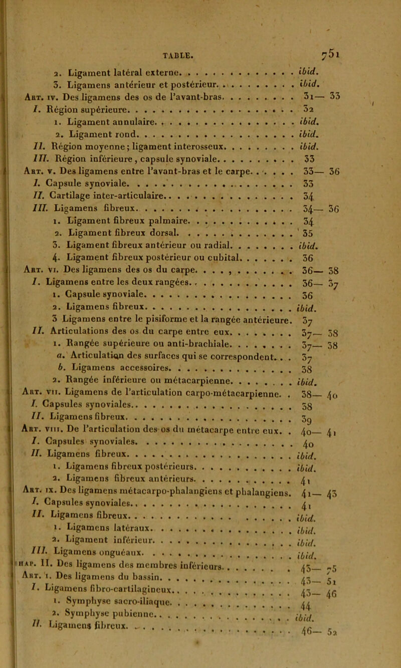 a. Ligament latéral externe ibid. 3. Ligamens antérieur et postérieur. ibid. Abt. iv. Des ligamens des os de l’avant-bras 3i— 33 /. Région supérieure 32 î. Ligament annulaire. r ibid. 2. Ligament rond. ibid. II. Région moyenne ; ligament interosseux ibid. III. Région inférieure, capsule synoviale 33 Abt. v. Des ligamens entre l’avant-bras et le carpe. ..... 33— 36 I. Capsule synoviale 33 II. Cartilage inter-articulaire 34 III. Ligamens fibreux 34— 36 1. Ligament fibreux palmaire * . . 34 a. Ligament fibreux dorsal '35 3. Ligament fibreux antérieur ou radial ibid. 4- Ligament fibreux postérieur ou cubital 36 Abt. vi. Des ligamens des os du carpe. ......... . . 36 38 I. Ligamens entre les deux rangées. 56 Sy î. Capsule synoviale 56 2. Ligamens fibreux ibid. 3 Ligamens entre le pisiforme et la rangée antérieure, by II. Articulations des os du carpe entre eux 3y— 58 1. Rangée supérieure ou anti-brachiale. ....... by 38 a. Articulation des surfaces qui se correspondent. . . 3y b. Ligamens accessoires 2. Rangée inférieure ou métacarpienne ibid. Abt. vu. Ligamens de l’articulation carpo-métacarpiennc. . 38— /jo I. Capsules synoviales 58 II. Ligamens fibreux 5g Abt. viii. De l’articulation des os du métacarpe entre eux. . 4o— 4i I. Capsules synoviales II. Ligamens fibreux ibid. i. Ligamens fibreux postérieurs ibid. a. Ligamens fibreux antérieurs 4i Abt. ix. Des ligamens métacarpo-phalangiens et pbalangiens. 4 î 45 I. Capsules synoviales II. Ligamens fibreux ibid. 1. Ligamens latéraux ibid. a. Ligament inférieur III. Ligamens onguéaux ' iiap. II. Des ligamens des membres inférieurs 45 ..5 Abt. T. Des ligamens du bassin /- C *• Ligamens fibro-cartilagineux ^ 1. Symphyse sacro-iliaque ^ a. Symphyse pubienne II- Ligamens fibreux. * ^