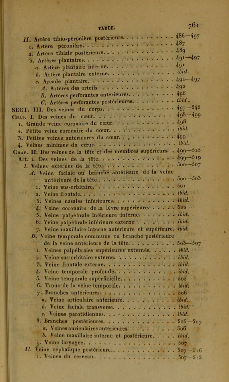 II. Artère tibio-péronière postérieure 486—497 1. Artère péronière. . ^ ' a. Artère tibiale postérieure 4^9 3. Artères plantaires 4g’ 49/ a. Artère plantaire interne 49* b. Artère plantaire externe. c. Arcade plantaire 492 497 A. Artères des orteils 4 9 2 B. Artères perforantes antérieures 4g6 C. Artères perforantes postérieures ibid. SECT. III. Des veines du corps. 497~545 Chap. I. Des veines du cœur 498—499 1. Grande veine coronaire du cœur. • • 49p 3. Petite veine coronaire du cœur. ibid. 5. Petites veines antérieures du cœur. . , 499 4. Veines minimes dn' cœur ibid. Chap. II. Des veines de la tête et des membres supérieurs. . 499—5a5 Art. 1. Des veines de la tête. 499 ^'9 7. Veines externes de la tête 5oo 50,. A. Veine faciale ou branche antérieure de la veine antérieure de la tête.'. 600 5o5 1. Veine sus-orbitaire 601 2. Veine frontale ibid. 3. Veines nasales inférieures ibid. 4- Veine coronaire de la lèvre supérieure 5oa 5. Veine palpébrale inférieure interne. - ibid. 6. Veine palpébrale inférieure externe ibid. 7. Veine maxillaire interne antérieure et supérieure, ibid. B. Veine temporale commune ou branche postérieure de la veine antérieure de la tête 5o3—507 1. Veines palpébrales supérieures externes ibid. 1. Veine sus-orbitaire externe. ibid. 3. Veine frontale externe ibid. !\. Veine temporale profonde ibid. 5. A'eine temporale superficielle 5o5 6. Tronc de la veine temporale ibid. 7. Branches antérieures. ; . . ; 5o6 a. Veine articulaire antérieure ibid. b. Veine faciale transverse ibid. c. Veines parotidiennes. ibid. 8. Branches postérieures 5o6—507 a. Veines auriculaires antérieures. . 5o6 b. Veine maxillaire interne et postérieure ibid. 9. Veine laryngée 5oy II. Veine céphalique postérieure 507—5i6 i. Veines du cerveau 5bÿ—5i5