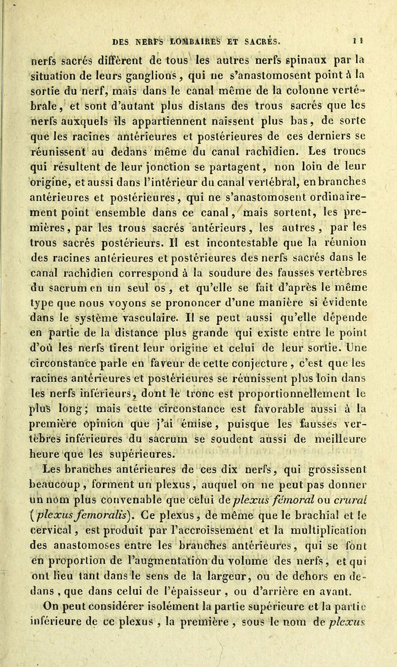 nerfs sacrés diffèrent de tous les autres nerfs spinaux par la situation de leurs ganglions, qui ne s’anastomosent point à la sortie du nerf, mais dans le canal même de la colonne verté- brale, et sont d’autant plus dislans des trous sacrés que les nerfs auxquels ils appartiennent naissent plus bas, de sorte que les racines antérieures et postérieures de ces derniers se réunissent au dedans même du canal rachidien. Les troncs qui résultent de leur jonction se partagent, non loin de leur origine, et aussi dans l’intérieur du canal vertébral, en branches antérieures et postérieures, qui ne s’anastomosent ordinaire- ment point ensemble dans ce canal, mais sortent, les pre- mières, par les trous sacrés antérieurs, les autres, par les trous sacrés postérieurs. Il est incontestable que la réunion des racines antérieures et postérieures des nerfs sacrés dans le canal rachidien correspond à la soudure des fausses vertèbres du sacrum en un seul os, et qu’elle se fait d’après le même type que nous voyons se prononcer d’une manière si évidente dans le système vasculaire. Il se peut aussi qu’elle dépende en partie de la distance plus grande qui existe entre le point d’où les nerfs tirent leur origine et celui de leur sortie. Une circonstance parle en faveur de cette conjecture , c’est que les racines antérieures et postérieures se réunissent plus loin dans les nerfs inférieurs, dont le tronc est proportionnellement le plus long; mais cette circonstance est favorable aussi à la première opinion que j’ai émise, puisque les fausses ver- tèbres inférieures du sacrum se soudent aussi de meilleure heure que les supérieures. Les branches antérieures de ces dix nerfs, qui grossissent beaucoup, forment un plexus, auquel on ne peut pas donner un nom plus convenable que celui de plexus fémoral ou crural (plexusfemoralis). Ce plexus, de même que le brachia! et le cervical, est produit par l’accroissement et la multiplication des anastomoses entre les branches antérieures, qui se font en proportion de l’augmentation du volume des nerfs, etqui ont lieu tant dans le sens de la largeur, ou de dehors en de- dans , que dans celui de l’épaisseur , ou d’arrière en avant. On peut considérer isolément la partie supérieure et la partie inférieure de ce plexus , la première , sous le nom de plexus