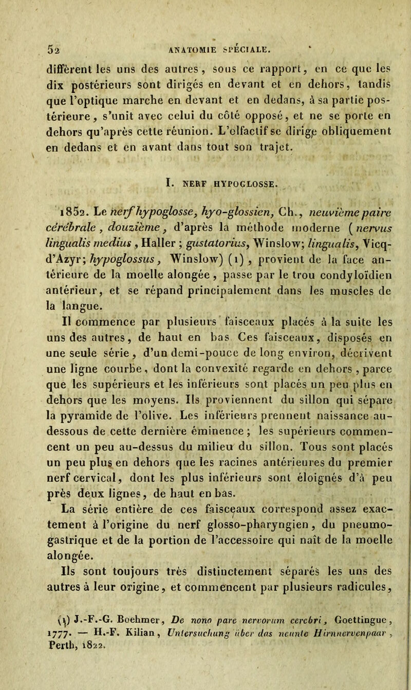 diffèrent les uns des autres, sous ce rapport, en ce que les dix postérieurs sont dirigés en devant et en dehors, tandis que l’optique marche en devant et en dedans, à sa partie pos- térieure, s’unit avec celui du côté opposé, et ne se porte en dehors qu’après cette réunion. L’olfactif se dirigp obliquement en dedans et en avant dans tout son trajet. I. NERF HYPOGGOSSE. i852. Le nerf hypoglosse, hyo-glossien, Ch., neuvième paire cérébrale, douzième, d’après la méthode moderne ( nervus lingualis médius , Haller ; gustatorius, Winslow; lingualis, Vicq- d,Azyr;hypoglossus, Winslow) (1) , provient de la face an- térieure de la moelle alongée, passe par le trou condyloïdien antérieur, et se répand principalement dans les muscles de la langue. Il commence par plusieurs faisceaux placés à la suite les uns des autres, de haut en bas Ces faisceaux, disposés en une seule série, d’un demi-pouce de long environ, décrivent une ligne courbe, dont la convexité regarde en dehors , parce que les supérieurs et les inférieurs sont placés un peu plus en dehors que les moyens. Ils proviennent du sillon qui sépare la pyramide de l’olive. Les inférieurs prennent naissance au- dessous de cette dernière éminence; les supérieurs commen- cent un peu au-dessus du milieu du sillon. Tous sont placés un peu plus en dehors que les racines antérieures du premier nerf cervical, dont les plus inférieurs sont éloignés d’à peu près deux lignes, de haut en bas. La série entière de ces faisceaux correspond assez exac- tement à l’origine du nerf glosso-pharyngien, du pneumo- gastrique et de la portion de l’accessoire qui naît de la moelle alongée. Ils sont toujours très distinctement séparés les uns des autres à leur origine, et commencent par plusieurs radicules, y J.-F.-G. Boehmer, De nono pare nervorum cercbri, Goettingue, 1777. — H.-F. Kilian , Vniersuchung iiber clas nennte Hirnnervenpaar , Perth, 1822.