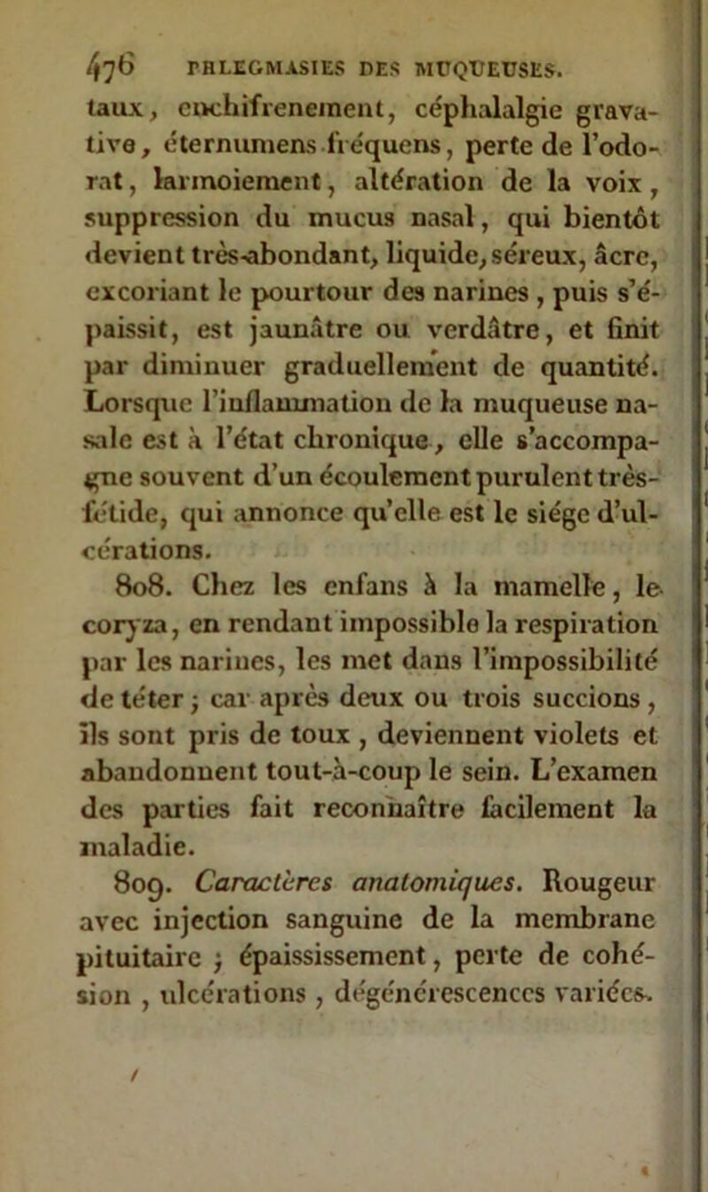 taux, enchifrenement, céphalalgie grava- tive, éternumens l'réquens, perte de l’odo- rat , larmoiement, altération de la voix , suppression du mucus nasal, qui bientôt devient très^abondant, liquide, séreux, âcre, excoriant le pourtour des narines , puis s’é- paissit, est jaunâtre ou verdâtre, et finit par diminuer graduellement de quantité. Lorsqtic l'inflammation de la muqueuse na- sale est à l’état chronique, elle s’accompa- gne souvent d’un écoulement purulent très- fétide, qui annonce qu’elle est le siège d’ul- cérations. 808. Chez les enfans à la mamelle, le- coryza, en rendant impossible la respiration par les narines, les met dans l’impossibilité de téter -, car après deux ou trois succions , ils sont pris de toux , deviennent violets et abandonnent tout-à-coup le sein. L’examen des parties fait reconnaître facilement la maladie. 809. Caractères anatomiques. Rougeur avec injection sanguine de la membrane pituitaire ) épaississement, perte de cohé- sion , ulcérations , dégénérescences variées» «