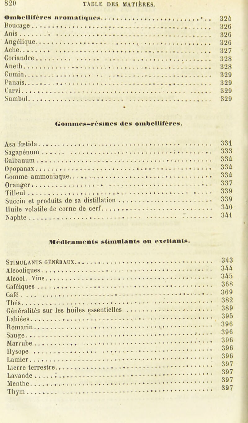 Oiiib<'llir<^roM iii>oinii(ic|ii<'.H •. . 324 Houoajse 326 Anis ; 326 Angélique 326 Aclie 327 Coriandre 328 Aneth ' 328 Cumin , 329 Panais 329 Carvi 329 Sumbul 329 Goinines-rt'sinos dCH ombellirèrcH. Asa fœtida 331 Sagapénum ; 333 Galbanum 334 Opopanax 334 Gomme ammoniaque » 334 Oranger • • • 337 Tilleul 339 Succin et produits de sa distillation 339 Huile volatile de corne de cerf 340 Naphte 341 Mcrticaments stimulants ou excitants. Stimulants généraux 343 Alcooliques 344 Alcool. Vins 345 Caféiques 368 Café 369 Thés • 382 Généralités sur les huiles essentielles ' 389 Labiées 395 Romarin 396 Sauee ••••• 396 Marrube 3Jb Hy«P« 396 I^amier • Lierre terrestre ^ Lavande '. „„_ Menthe ^Z' Thym
