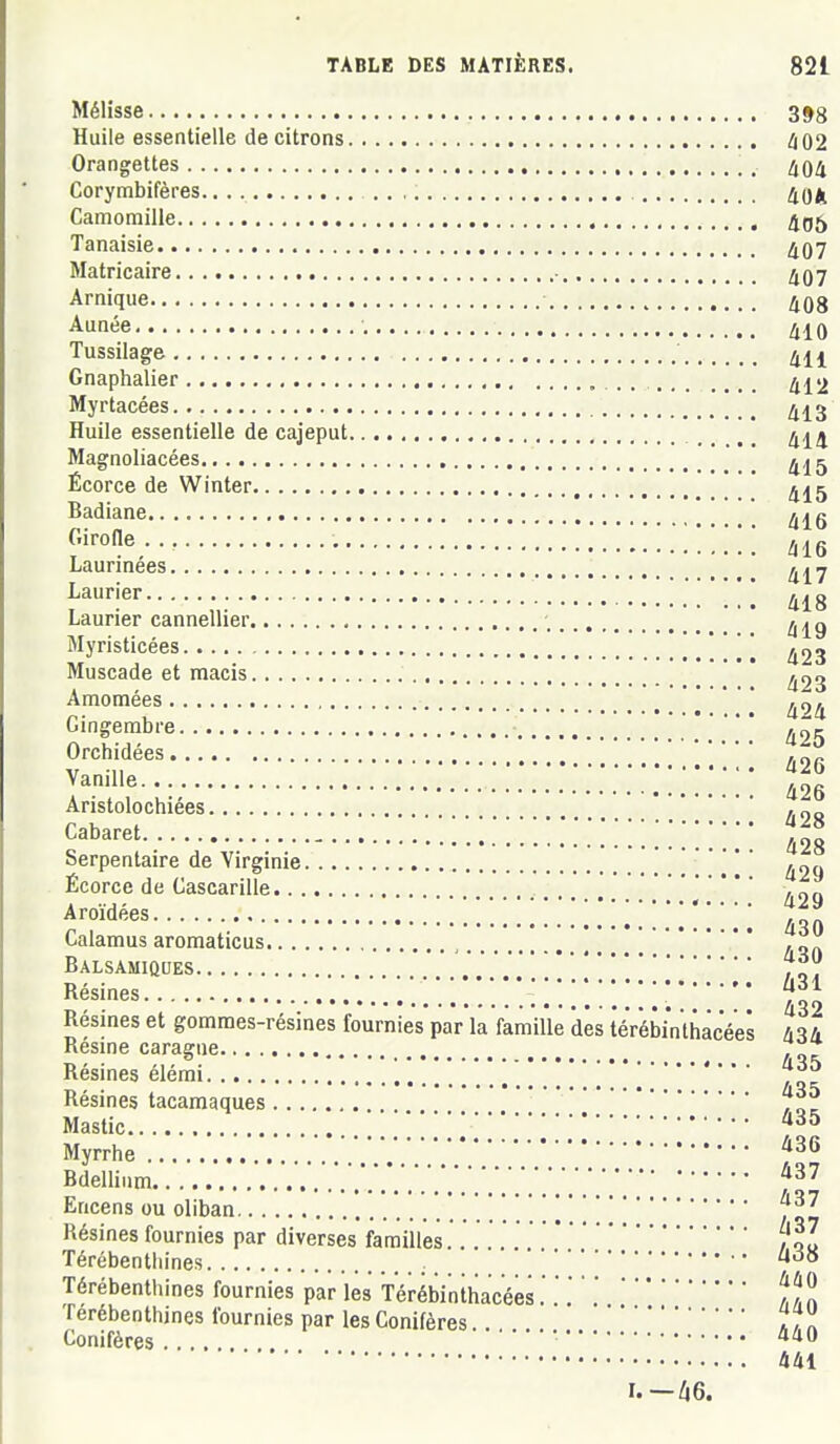 Mélisse 353 Huile essentielle de citrons ^02 Orangettes Corymbifères 40fc Camomille Tanaisie 407 Matricaire 407 Arnique 408 Aunée , 4^0 Tussilage 4^^^ Gnaphalier Myrtacées ^^^3 Huile essentielle de cajeput Magnoliacées 41 ^ Écorce de Winter Badiane 4^g ^'ii-ofle ;; 41g Laurinées Laurier '| Laurier cannellier ^j^g Myristicées ' .. 423 Muscade et macis ' Amomées ^tj^ Gingembre 425 Orchidées ,„„ .,, a26 Manille ^26 Aristolochiées ,„ Cabaret 11 i ' ! ! ! 1 ! ! ! ]  ! ! ! ! ! ] ! ! ' lil Serpentaire de Virginie ' .„„ Écorce de Cascarille ' .„„ Aroïdées ' /on Calamus aromaticus , 40/1 Balsamiques Résines ^ ^ ^ ^ 1 ' l ! i'  S Resmes et gommes-résmes fournies par la famille des térébinthacées à'ià. Résine caragne Résines élémi !.!* ]7o = Résines tacamaques Mastic Myrrhe Bdellium .'. .V.......... Encens ou oliban f Résines fournies par diverses familles.. ,11 Térébenthines Térébenthines fournies par les TérébinthacéesJîî! Térébenthines fournies par les Conifères. . ^,  Conifères '