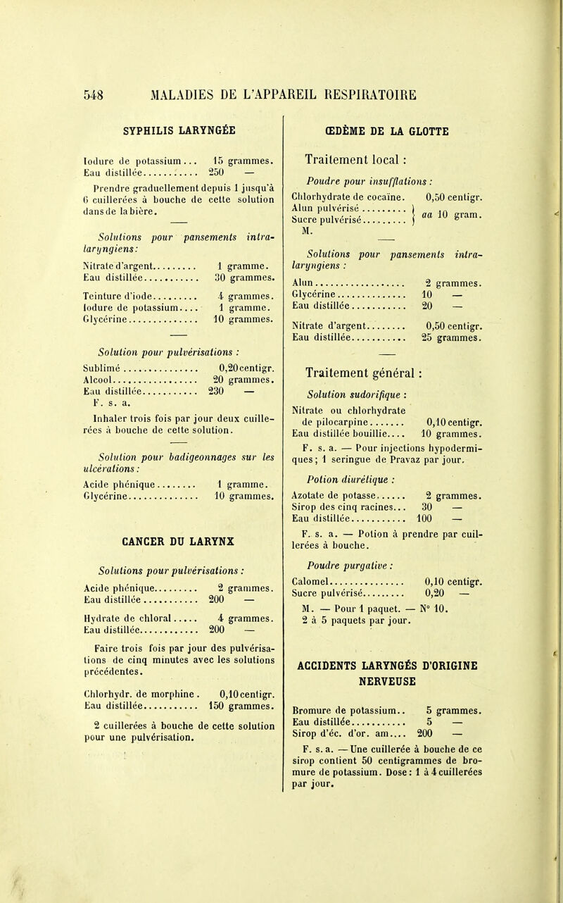 SYPHILIS LARYNGÉE lodure de potassium.. Eau distillée 15 grammes. 250 — Prendre graduellement depuis I jusqu'à (i cuillerées à bouche de cette solution dansde la bière. Solutions pour pansements intra- laryngiens: Nitrate d'argent 1 gramme. Eau distillée 30 grammes. Teinture d'iode 4. grammes. lodure de potassium 1 gramme. Glycérine 10 grammes. Solution pour pulvérisations : Sublimé 0,20centigr. Alcool 20 grammes. Eau distillée 230 — F. s. a. Inhaler trois fois par jour deux cuille- rées à bouche de cette solution. Solution pour badigeonnages sur les ulcérations : Acide phénique 1 gramme. Glycérine 10 grammes. CANCER DU LARYNX Solutions pour pulvérisations : Acide phénique 2 grammes. Eau distillée 200 — Hydrate de chloral 4 grammes. Eau distillée 200 — Faire trois fois par jour des pulvérisa- tions de cinq minutes avec les solutions précédentes. Chlorhydr. de morphine. 0,10centigr. Eau distillée 150 grammes. 2 cuillerées à bouche de cette solution pour une pulvérisation. ŒDEME DE LA GLOTTE Traitement local : Poudre pour insufflations : Chlorhydrate de cocaïne. 0,50 centigr. Alun pulvérisé ) ,„ Sucre pulvérisé j S''^'- M. Solutions pour pansements intra- laryngiens : Alun 2 grammes. Glycérine 10 — Eau distillée 20 — Nitrate d'argent 0,50 centigr. Eau distillée 25 grammes. Traitement général : Solution sudorifique : Nitrate ou chlorhydrate de pilocarpine 0,10 centigr. Eau distillée bouillie 10 grammes. F. s. a. — Pour injections hypodermi- ques; 1 seringue de Pravaz par jour. Potion diurétique : Azotate de potasse 2 grammes. Sirop des cinq racines... 30 — Eau distillée 100 — F. s. a. — Potion à prendre par cuil- lerées à bouche. Poudre purgative : Galomel 0,10 centigr. Sucre pulvérisé 0,20 — M. — Pour 1 paquet. — N° 10. 2 à 5 paquets par jour. ACCIDENTS LARYNGÉS D'ORIGINE NERVEUSE Bromure de potassium.. 5 grammes. Eau distillée 5 — Sirop d'éc. d'or, am 200 — F. s. a. —Une cuillerée à bouche de ce sirop contient 50 centigrammes de bro- mure de potassium. Dose: 1 à4cuillerées par jour.