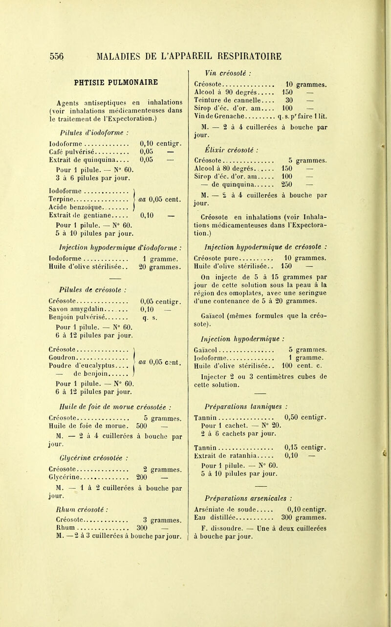 PHTISIE PULMONAIRE Agents antiseptiques en inhalations (voir inhalations méfîicamenteuses dans le traitement de l'Expectoration.) Pilules d'iodoforme : lodoforme 0,10 centigr. Café pulvérisé 0,05 — Extrait de quinquina 0,05 — Pour 1 pilule. — N° 60. 3 à 6 pilules par jour. lodoforme ) Terpine \ aa 0,05 cent. Acide benzoïque ) Extrait lie gentiane 0,10 — Pour 1 pilule. — N 60. 5 à 10 pilules par jour. Injection hypodermique d'iodoforme : lodoforme 1 gramme. Huile d'olive stérilisée.. 20 grammes. Pilules de créosote : Créosote 0,05 centigr. Savon amygdalin 0,10 — Benjoin pulvérisé q. s. Pour 1 pilule. — N 60. 6 à 12 pilules par jour. Créosote \ Goudron I . Poudre d'eucalyptus.... ^''^^ — de benjoin / Pour 1 pilule. — N° 60. 6 à 12 pilules par jour. Huile de foie de morue créosotée : Créosote 5 grammes. Huile de foie de morue. 500 — M. — 2 à 4 cuillerées à bouche par jour. Glycérine créosotée : Créosote 2 grammes. Glycérine 200 — M. — 1 à 2 cuillerées à bouche par jour. Rhum créosoté : Créosote 3 grammes. Rhum 300 — M. —2 à 3 cuillerées à bouche par jour. Vin créosoté : Créosote 10 grammes. Alcool à 90 degrés 150 — Teinture de cannelle 30 — Sirop d'éc. d'or, am 100 — Vin de Grenache q. s. p'faire 1 lit. M. — 2 à 4 cuillerées à bouche par jour. EUxir créosoté : Créosote 5 grammes. Alcool à 80 degrés 150 — Sirop d'éc. d'or, am 100 — — de quinquina 250 — M. — 2 à 4 cuillerées à bouche par jour. Créosote en inhalations (voir Inhala- tions médicamenteuses dans l'Expectora- tion.) Injection hypodermique de créosote : Créosote pure 10 grammes. Huile d'olive stérilisée.. 150 — On injecte de 5 à 15 grammes par jour de cette solution sous la peau à la région des omoplates, avec une seringue d'une contenance de 5 à 20 grammes. Gaïacol (mêmes formules que la créo- sote). Injection hypodermique : Gaïacol 5 grammes. lodoforme 1 gramme. Huile d'olive stérilisée.. 100 cent. c. Injecter 2 ou 3 centimètres cubes de cette solution. Préparations tanniques : Tannin 0,50 centigr. Pour 1 cachet. — N 20. 2 à 6 cachets par jour. Tannin 0,15 centigr. Extrait de ratanhia 0,10 — Pour 1 pilule. — N 60. 5 à 10 pilules par jour. Préparations arsenicales : Arséniate de soude 0,10 centigr. Eau distillée 300 grammes. F. dissoudre. — Une à deux cuillerées à bouche par jour.
