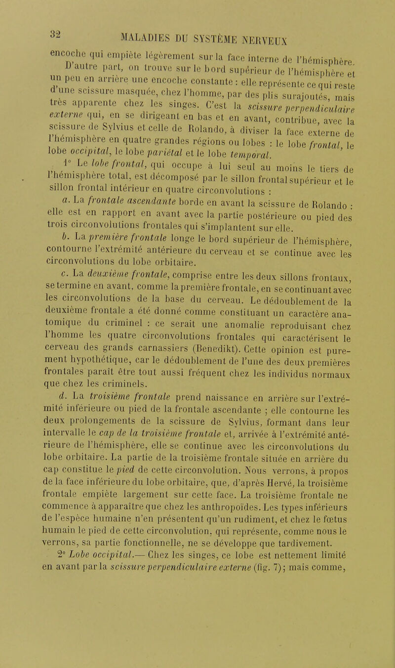 encoche qiu en.piete legerement sur la face interne de Lhemisphere. autre part, on tronve sur le Lord superieur de I’liemispliere et un pen en arriere une encoche constante : elle represente ce qui reste d une scissure masquee, chez I’homme, par des plis snrajoutes, mais tres apparente chez les singes. C’est la scimire perpendiculaire extern, qui, en se dingeant en has et en avant, contribue, avec la scissuie de Syhius et celle de Rolando, a diviser la face externe de 1 hemisphere en quatre grandes regions on lobes : le lobe frontal le lobe occipital, le lobe parietal et le lobe temporal. V Le lobe frontal, qui occupe a lui seul au moins le tiers de 1 hemisphere total, est decompose par le sillon frontal superieur et le sillon frontal interieur en quatre circonvolulions : a. La frontale ascendante horde en avant la scissure de Rolando : elle est en rapport en avant avec la partie posterieure ou pied des trois circonvolutions frontalesqui s’implantent sur elle. b. La premiere frontale longe le bord superieur de I’hemisphere contourne I’extremite anterieure du cerveau et se continue avec les circonvolutions du lobe orbitaire. c. La deuxieme frontale, comprise entre les deux sillons frontaux, setermine en avant, comme la premiere frontale, en se continuant avec les circonvolutions de la base du cerveau. Le dedoublement de la deuxieme frontale a ete donne comme constituant un caractere ana- tomique du criminel : ce serait une anomalie reproduisant chez 1 homme les quatie circonvolutions Irontales qui cai'acterisent le cerveau des grands carnassiers (Renedikt). Cette opinion est pure- ment hypothetique, car le dedoublement de Lurie des deux premieres fiontales parait etre tout aussi frequent chez les individus normaux que chez les criminels. d. La troisieme frontale prend naissance en arriere sur Lextre- mite inferieure ou pied de la frontale ascendante ; elle contourne les deux prolongements de la scissure de Sylvius, formant dans leur intervalle le cap de la troisieme frontale el, arrivee a Lextremite ante- rieure de Lhemisphere, elle se continue avec les circonvolutions du lobe orbitaire. La partie de la troisieme frontale situee en arriere du cap constitue le pied de cette circonvolution. Nous verrons, a propos de la face inferieure du lobe orbitaire, que, d’apres Herve, la troisieme frontale empiete largement sur cette face. La troisieme frontale ne commence aapparaitreque chez les anthropoides. Les types inferieurs de Lespece humaine n’en presen tent qu’im rudiment, et chez le foetus humain le pied de cette circonvolution, qui represente, comme nous le verrons, sa partie fonctionnelle, ne se developpe que tardivement. 2 Lobe occipital.— Chez les singes, ce lobe est nettement limite en avant par la scissure perpendiculaire externe 7); mais comme.