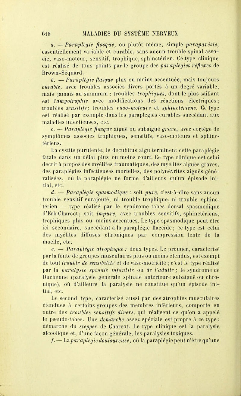 a. — Paraplégie flasque^ ou plutôt même, simple paraparésie, essentiellement variable et curable, sans aucun trouble spinal asso- cié, vaso-moteur, sensitif, trophique, sphinctérien. Ce type clinique est réalisé de tous points par le groupe des paraplégies réflexes de Brown-Séquard. b. — Paraplégie flasque plus ou moins accentuée, mais toujours curable, avec troubles associés divers portés à un degré variable, mais jamais au summum : troubles tropliiques, dont le plus saillant est Vamyotrophie avec modifications des réactions électriques; troubles sensitifs: troubles vaso-moteurs et sphinctériens. Ce type est réalisé par exemple dans les paraplégies curables succédant aux maladies infectieuses, etc. c. — Paraplégie flasque aiguë ou subaiguë grare, avec cortège de symptômes associés trophiques, sensitifs, vaso-moteurs et sphinc- tériens. La cystite purulente, le décubitus aigu terminent cette paraplégie fatale dans un délai plus ou moins court. Ce type clinique est celui décrit à propos des myélites traumatiques, des myélites aiguës graves, des paraplégies infectieuses mortelles, des polynévrites aiguës géné- ralisées, où la paraplégie ne forme d'ailleurs qu'un épisode ini- tial, etc. d. — Paraplégie spasmodique : soit pure, c'est-à-dire sans aucun trouble sensitif surajouté, ni trouble trophique, ni trouble sphinc- térien — type réalisé par le syndrome tabès dorsal spasmodique d'Erb-Charcot; soit impure, avec troubles sensitifs, sphinctériens, trophiques plus ou moins accentués. Le type spasmodique peut être ici secondaire, succédant à la paraplégie flaccide ; ce type est celui des myélites diffuses chroniques par compression lente de la moelle, etc. e. — Paraplégie atrophique : deux types. Le premier, caractérisé parla fonte de groupes musculaires plus ou moins étendus, est exempt de tout trouble de sensibilité et de vaso-motricité ; c'est le type réalisé par la paralysie spinale infantile ou de Vadulte; le syndrome de Duclienne (paralysie générale spinale antérieure subaiguë ou chro- nique), où d'ailleurs la paralysie ne constitue qu'un épisode ini- tial, etc. Le second type, caractérisé aussi par des atrophies musculaires étendues à certains groupes des membres inférieurs, comporte en outre des troubles sensitifs divers, qui réalisent ce qu'on a appelé le pseudo-tabes. Une démarche assez spéciale est propre à ce type : démarche du slepper de Charcot. Le type clinique est la paralysie alcoolique et, d'une façon générale, les paralysies toxiques. /. — LaLparaplégie douloureuse, où la paraplégie peut n'être qu'une