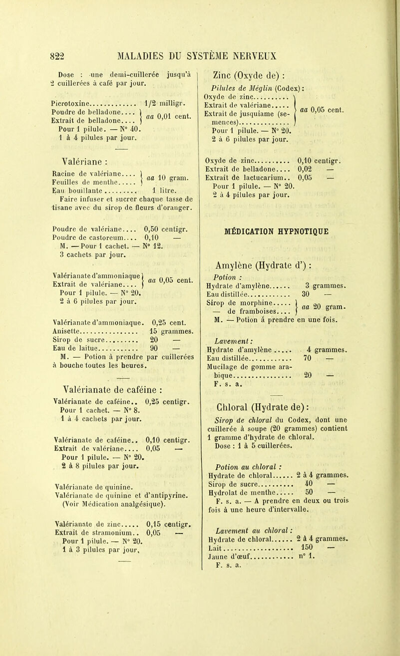 Dose : une demi-cuillerée 2 cuillerées à café par jour. jusqu a Picrotoxine 1/2 milligr. Poudre de belladone ) ^ ,,. . „,.,.,„, \ aa 0,01 cent. Extrait de belladone ) ' Pour 1 pilule. — N° 40. 1 à 4 pilules par jour. Valériane : Racine de valériane ) „ Ml j .1 i 10 gram. Feuilles de menthe ) ^ Eau bouillante 1 litre. Faire infuser et sucrer chaque tasse de tisane avec du sirop de fleurs d'oranger. Poudre de valériane.... 0,50 centigr. Poudre de castoreum.... 0,10 — M. — Pour 1 cachet. — N 12. 3 cachets par jour. Valériaiiated'ammoniaque) Extrait de valériane.... | '^^ Pour 1 pilule. — N 20. 2 à 6 pilules par jour. Valérianate d'ammoniaque. 0,25 cent. Anisette 15 grammes. Sirop de sucre 20 — Eau de laitue 90 — M. — Potion à prendre par cuillerées à bouche toutes les heures. Valérianate de caféine : Valérianate de caféine.. 0,25 centigr. Pour 1 cachet. — N° 8. 1 à 4 cachets par jour. Valérianate de caféine.. 0,10 centigr. Extrait de valériane 0,05 — Pour 1 pilule. — N° 20. 2 à 8 pilules par jour. Valérianate de quinine. Valérianate de quinine et d'antipyrine. (Voir Médication analgésique). Valérianate de zinc 0,15 centigr. Extrait de stramonium.. 0,05 — Pour 1 pilule. — N 20. 1 à 3 pilules par jour. Zinc (Oxyde de) : Pilules de Méglin (Codex) : Oxyde de zinc \ Extrait de valériane > aa 0 05 nt Extrait de jusquiame (se- | ' menées) ) Pour 1 pilule. — N 20. 2 à 6 pilules par jour. Oxyde de zinc 0,10 centigr. Extrait de belladone 0,02 — Extrait de lactucarium.. 0,05 — Pour 1 pilule. — N 20. 2 à 4 pilules par jour. MÉDICATION HYPNOTIQUE Amylène (Hydrate d') : Potion : Hydrate d'amylène 3 grammes. Eau distillée 30 — Sirop de morphine 1 ap, „„„„ ^ . r. . ■ > aa 20 gram. — de framboises ) ^ M. — Potion â prendre en une fois. Lavement: Hydrate d'amylène ■ 4 grammes. Eau distillée 70 — Mucilage de gomme ara- bique 20 — F. s. a. Chloral (Hydrate de) : Sirop de chloral du Codex, dont une cuillerée à soupe (20 grammes) contient 1 gramme d'hydrate de chloral. Dose : 1 à 5 cuillerées. Potion au chloral : Hydrate de chloral 2 à4 grammes. Sirop de sucre 40 — Hydrolat de menthe 50 — F. s. a. — A prendre en deux ou trois fois à une heure d'intervalle. Lavement au chloral : Hydrate de chloral 2 à 4 grammes. Lait 150 - Jaune d'œuf n° 1. F. s. a.