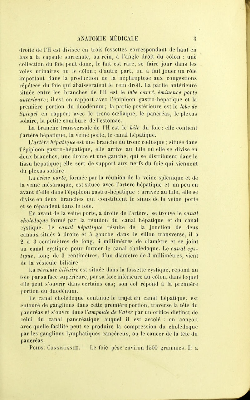 droite de l'H est divisée en trois fossettes correspondant de haut en bas à la capsule surrénale, au rein, à l'angle droit du côlon : une collection du foie peut donc, le fait est rare, se faire jour dans les A'oies urinaires ou le côlon; d'autre part, on a fait jouer un rôle important dans la production de la néphroptose aux congestions répétées du foie qui abaisseraient le rein droit. La partie antérieure située entre les branches de l'H est le lobe carré, éminence porte ■antérieure; il est en rapport avec l'épiploon gastro-hépatique et la première portion du duodénum ; la partie postérieure est le lobe de Spiegel en rapport avec le tronc cœliaque, le pancréas, le plexus solaire, la petite courbure de l'estomac. La branche transversale de l'H est le hile du foie : elle contient l'artère hépatique, la veine porte, le canal hépatique. \Jartère hépatifjueest une branche du tronc cœliaque; située dans l'épiploon gastro-hépatique, elle arrive au hile où elle se divise en deux branches, une droite et une gauche, qui se distribuent dans le tissu hépatique; elle sert de support aux nerfs du foie qui viennent du plexus solaire. La veine porte, formée par la réunion de la veine splénique et de la veine mésaraïque, est située avec l'artère hépatique et un peu en avant d'elle dans l'épiploon gastro-hépatique : arrivée au hile, elle se divise en deux branches qui constituent le sinus de la veine porte et se répandent dans le foie. En avant de la veine porte, à droite de l'artère, se trouve le canal cholédoque formé par la réunion du canal hépatique et du canal cystique. Le canal hépatique résulte de la jonction de deux canaux situés à droite et à gauche dans le sillon transverse, il a 2 à 3 centimètres de long, 4 millimètres de diamètre et se joint au canal cystique pour former le canal cholédoque. Le canal cy.s- tique, long de 3 centimètres, d'un diamètre de 3 millimètres, vient de la vésicule biliaire. La vésicule biliaire est située dans la fossette cystique, répond au foie parsaface supérieure, par sa face inférieure au côlon, dans lequel elle peut s'ouvrir dans certains cas; son col répond à la première portion du duodénum. Le canal cholédoque continue le trajet du canal hépatique, est entouré de ganglions dans cette première portion, traverse la tête du pancréas et s'ouvre dans Vampoule de Vater par un orifice distinct de celui du canal pancréatique auquel il est accolé : on conçoit avec quelle facilité peut se produire la compression du cholédoque par les ganglions lymphatiques cancéreux, ou le cancer de la tête du pancréas. Poids. Consistance.— Le foie pèse environ 1500 grammes. Il a