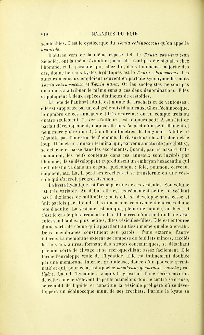 semblables. C'est le cysticerque du Tœnia echinococcus qu'on appelle hydatide. D'autres vers de la même espèce, tels le Tœnia cœnurus (von Siebold), ont la même évolution; mais ils n'ont pas été signalés chez l'homme, et le parasite qui, chez lui, dans l'immense majorité des cas, donne lieu aux kystes hydatiques est le Tœnia echinococcus. Les auteurs médicaux emploient souvent en parfaite synonymie les mots Tœnia echinococcus et Tœnia nana. Or les zoologistes ne sont pas unanimes à attribuer le même sens à ces deux dénominations. Elles s'appliquent à deux espèces distinctes de cestoïdes. La tête de l'animal adulte est munie de crochets et de ventouses : elle est supportée par un col grêle suivi d'anneaux. Chez l'échinocoque, le nombre de ces anneaux est très restreint : on en compte trois ou quatre seulement. Ce ver, d'ailleurs, est toujours petit. A son état de parfait développement, il apparaît sous l'aspect d'un petit filament et ne mesure guère que 4, 5 ou 6 millimètres de longueur. Adulte, il n'habite pas l'intestin de l'homme. Il vit surtout chez le chien et le loup. 11 émet un anneau terminal qui, parvenu à maturité (proglottis), se détache et passe dans les excréments. Quand, par un hasard d'ali- mentation, les œufs contenus dans ces anneaux sont ingérés par l'homme, ils se développent et produisent un embryon hexacanthe qui de l'intestin va dans un organe quelconque : foie, poumon, cerveau, épiploon, etc. Là, il perd ses crochets et se transforme en une vési- cule qui s'accroît progressivement. Le kyste hydatique est formé par une de ces vésicules. Son volume est très variable. Au début elle est extrêmement petite, n'excédant pas 3 dixièmes de millimètre; mais elle se développe sans cesse et finit parfois par atteindre les dimensions relativement énormes d'une tête d'adulte. La vésicule est unique, pleine de liquide, ou bien, et c'est le cas le plus fréquent, elle est bourrée d'une multitude de vési- cules semblables, plus petites, dites vésicules-filles. Elle est entourée d'une sorte de coque qui appartient au tissu même qu'elle a envahi. Deux membranes constituent ses parois : l'une externe, l'autre interne. La membrane externe se compose de feuillets minces, accolés les uns aux autres, formant des strates concentriques, se détachant par une sorte de clivage et se recroquevillant assez facilement. Elle forme l'enveloppe vraie de l'hydatide. Elle est intimement doublée par une membrane interne, granuleuse, douée d'un pouvoir germi- natif et qui, pour cela, est appelée membrane germinale, couche pro- ligère. Quand l'hydatide a acquis la grosseur d'une cerise environ, de celte couche s'élèvent de petits mamelons dont le centre se creuse, se remplit de liquide et constitue la vésicule proligère où se déve- loppera un échinocoque muni de ses crochets. Parfois le kyste se