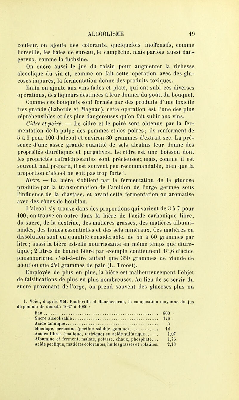 couleur, on ajoute des colorants, quelquefois inoffensifs, comme l'orseille, les baies de sureau, le campêche, mais parfois aussi dan- gereux, comme la fuchsine. On sucre aussi le jus du raisin pour augmenter la richesse alcoolique du vin et, comme on fait cette opération avec des glu- coses impures, la fermentation donne des produits toxiques. Enfin on ajoute aux vins fades et plats, qui ont subi ces diverses opérations, des liqueurs destinées à leur donner du goût, du bouquet. Comme ces bouquets sont formés par des produits d'une toxicité très grande (Laborde et Magnan), cette opération est l'une des plus répréhensibles et des plus dangereuses qu'on fait subir aux vins. Cidre et poiré. — Le cidre et le poiré sont obtenus par la fer- mentation delà pulpe des pommes et des poires; ils renferment de 5 à 9 pour 100 d'alcool et environ 30 grammes d'extrait sec. La pré- sence d'une assez grande quantité de sels alcaUns leur donne des propriétés diurétiques et purgatives. Le cidre est une boisson dont les propriétés rafraîchissantes sont précieuses; mais, comme il est souvent mal préparé, il est souvent peu recommandable, bien que la proportion d'alcool ne soit pas trop forte'. Bière. — La bière s'obtient par la fermentation de la glucose produite par la transformation de l'amidon de l'orge germée sous l'influence de la diastase, et avant cette fermentation on aromatise avec des cônes de houblon. L'alcool s'y trouve dans des proportions qui varient de 3 à 7 pour 100; on trouve en outre dans la bière de l'acide carbonique libre, du sucre, de la dextrine, des matières grasses, des matières albumi- noïdes, des huiles essentielles et des sels minéraux. Ces matières en dissolution sont en quantité considérable, de 45 à 60 grammes par litre; aussi la bière est-elle nourrissante en même temps que diuré- tique; 2 litres de bonne bière par exemple contiennent d'acide phosphorique, c'est-à-dire autant que 350 grammes de viande de bœuf ou que 250 grammes de pain (L. Troost). Employée de plus en plus, la bière est malheureusement l'objet de falsifications de plus en plus nombreuses. Au lieu de se servir du sucre provenant de l'orge, on prend souvent des glucoses plus ou 1. Voici, d'après MM. Boutcviilc et Hauchecorne, la composition moyenne du jus de pomme de densité 1067 à 1080 : Eau 800 Sucre alcoolisable 176 Acide tannique 5 Mucilage, pectosine (pectine soluble, gomme) 12 Acides libres (malique, tartrique) en acide sulfurique 1,07 Albumine et ferment, malate, potasse, chaux, phosphate... 1,75 Acide pectique, matières colorantes, huiles grasses et volatiles. 2,18