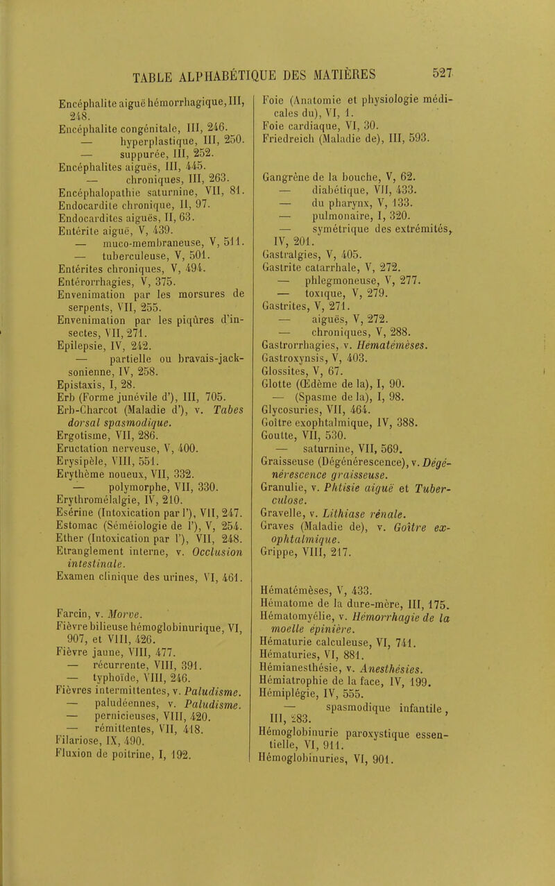 Encephalite aigue heraorrhagique, III, 218. Encephalite congenitale, III, 246. — hyperplastique, III, 250. — suppuree, III, 252. Encephalites aigues. III, 445. — chroniques. III, 263. Encephalopathie saturnine, VII, 81. Endocardile chronique, II, 97. Endocarditcs aigues, II, 63. Enterite aigue, V, 439. — muco-memhraneuse, V, 511. — tuberculeuse, V, 501. Enterites chroniques, V, 494. Enterorrhagies, V, 375. Envenimation par les morsures de serpents, VTI, 255. Envenimation par les piqures d’in- sectes, VII, 271. Epilepsie, IV, 242. — partielle ou bravais-jack- sonienne, IV, 258. Epistaxis, I, 28. Erb (Forme junevile d’). III, 705. Erb-Charcot (Maladie d’), v. Tabes dorsal spasmodique. Ergotisme, VII, 286. Eructation nerveuse, V, 400. Erysipele, VIII, 551. Erytheme noueux, VII, 332. — polymorphe, VII, 330. Erythromelalgie, IV, 210. Eserine (Intoxication par 1’), VII, 247. Estomac (Semeiologie de 1’), V, 254. Ether (Intoxication par 1’), VII, 248. Elranglement interne, v. Occlusion intestinale. E.xamen clinique des urines, VI, 461. Farcin, v. Morve. Fievrebilieuse hemoglobinurique, VI 907, et VIII, 426. Fievre jaune, VIII, 477. — recurrente, VIII, 391. — typhoide, VIII, 246. Fievres intermittentes, v. Paludisme. — paludeennes, v. Paludisme. — pernicieuses, VIII, 420. — remittentes, VII, 418. Filariose, IX, 490. Fluxion de poitrine, I, 192. Foie (Anatomie et physiologie medi- cales du), VI, 1. Foie cardiaque, VI, 30. Friedreich (Maladie de). III, 593. Gangrene de la bouche, V, 62. — diabelique, VII, 433. — du pharynx, V, 133. —■ pulmonaire, I, 320. — symetrique des extremites^ IV, 201. Gastralgies, V, 405. Gaslrite catarrhale, V, 272. — phlegmoneuse, V, 277. — toxique, V, 279. Gastrites, V, 271. — aigues, V, 272. — chroniques, V, 288. Gastrorrhagies, v. Hematemeses. Gastroxynsis, V, 403. Glossites, V, 67. Glotte (CEdeme de la), I, 90. — (Spasme de la), I, 98. Glycosuries, VII, 464. Goitre exophtalmique, IV, 388. Goulte, VII, 530. — saturnine, VII, 569. Graisseuse (Degenerescence), v. Dege- nerescence graisseuse. Granulie, v. Phtisie aigue et Tuber- culosc. Gravelle, v. Lithiase renale. Graves (Maladie de), v. Goitre ex- ophtalmique. Grippe, VIII, 217. Hematemeses, V, 433. Hematome de la dure-mere, III, 175. Hemalomyelie, v. Hemorrhagic de la moelle epiniere. Hematurie calculeuse, VI, 741. Hematuries, VI, 881. Hemianesthesie, v. Anesthesies. Hemiatrophie de la face, IV, 199. Hemiplegie, IV, 555. — spasmodique infantile, III, 283. Hemoglobinurie paroxystique essen- liellc, VI, 911. Ilemoglobinuries, VI, 901.