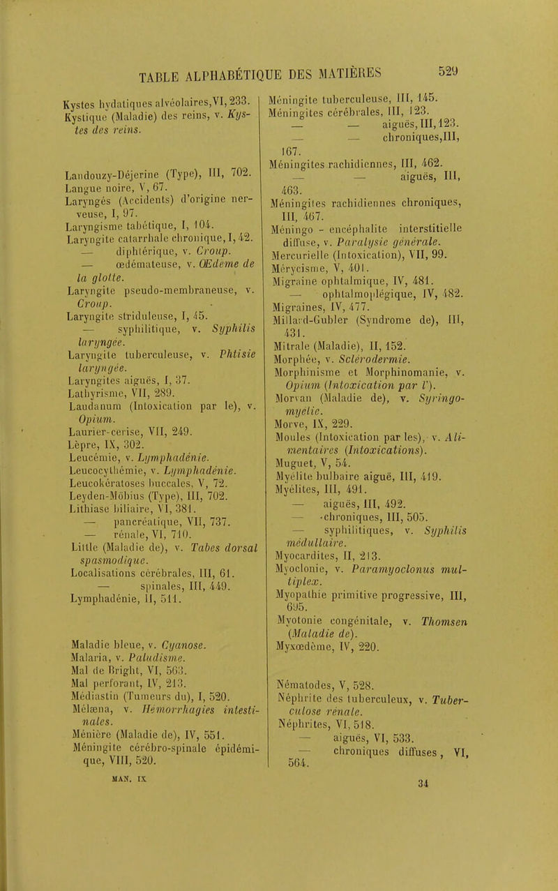 Kystes hytlaliqnes alveolaires,VI, 233. Kystique (Maladie) ties reins, v. Kys- tes des reins. Landouzy-Dejerine (Type), III, 702. Langue noire, V, 67. Larynges (Arcidenls) d’origine ner- veuse, I, 97. Laryngisnie tabetiqiie, I, lOi. Laryngile calarriiale clironique, 1,42. — diphleriqiie, v. Croup. — oedemaleuse, v. CEdeme de la glolie. Laryngile pseudo-membraneuse, v. Croup. Laryngile slridiileiise, I, 45. — sypliililique, v. Syphilis laryngee. Laryngile luberculeiise, v. Phiisie laryngee. Laryngiles aigues, I, 37. Lall)yrisnie, VII, 289. Laudanum (lnlo.xicalion par le), v. Opium. Laurier-cerise, VII, 249. Lepre, IX, 302. Leuceniie, v. Lymphadenie. Leucocylliemie, v. Lymphadenie. Leucokcraloses l)uccalcs, V, 72. Leyden-Wobius (Type), III, 702. Lilhiasc biliaire, VI, 381. — pancrealique, VII, 737. — renale, VI, 710. Lillie (Maladie de), v. Tabes dorsal spasmodique. Localisalions ccrebrales, III, 61. — spinales. III, 449. Lymphadenie, II, 511. Maladie bIcue, v. Cyanose. Malaria, v. Paludisme. Mai (le llrighl, VI, 503. Mai perforant, IV, 213. Mcidiaslin (Tumeurs du), I, 520. M(‘lcena, v. lUmorrhagies intesti- nales. M(iniere (Maladie de), IV, 551. Meningile ccrebro-spinale (3pidemi- que, VIII, 520. Meningile luberculeuse, III, 145. M(iningites ccrebrales. III, 123. — — aigues, 111,123. — — clironiquesjlll, 167. Meningitcs rachidicnnes. III, 462. — — aigues, III, 463. Meningiles rachidiennes chroniques, 111, 467. Meningo - enc(iphalile interstitielle diffuse, V. Paralysie generate. Mercurielle (Inloxicalion), VII, 99. Merycisme, V, 401. Migraine opblalmique, IV, 481. — ophlalmoplegique, IV, 482. Migraines, IV, 477. Millard-Gubler (Syndrome de). III, 431. Mitrale (Maladie), II, 152. Morplnie, v. Sclerodermie. Morphinisme el Morphinomanie, v. Opitim {Intoxication par V). Morvan (Maladie de), v. Syringo- myelic. Morve, IX, 229. Monies (Inloxicalion paries), v. Ali- mentaircs {Intoxications). Muguet, V, 54. My(ilile bulbairc aigue. III, 419. Mytililes, III, 491. — aigues. III, 492. — -clironiques. III, 505. — sypbililiques, v. Syphilis medullaire. Myocardiles, II, 213. Myoclonic, v. Paramyoclonus mul- tiplex. Myopalhie primitive progressive. III, 695. Myotonie cong(initale, v. Thomsen {Maladie de). My.\oedome, IV, 220. N(imatodes, V, 528. Nephrite des luberculeux, v. Tuber- C'ulose renale. N(3plirites, VI, 5)8. — aigues, VI, 533. — chronifiues diffuses, VI. 564. MAN. IX 34