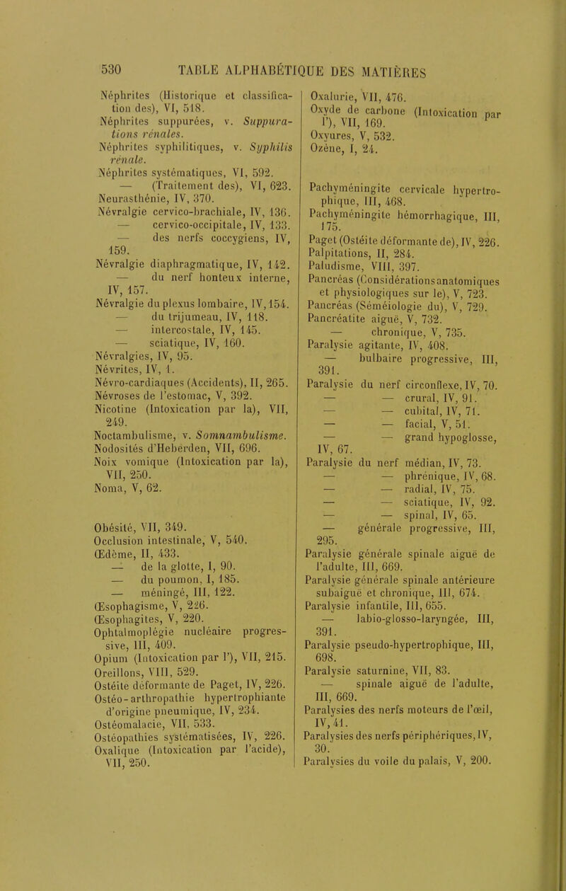 Nephrites (Histori([ue et classifica- tion des), VI, 518. Nephrites suppurees, v. Suppura- tions renales. Nephrites syphilitiques, v. Syphilis renale. Nephrites systematiqiies, VI, 592. — (Traitement des), VI, 623. Neurasthenic, IV, 370. Nevralgie cervico-brachiale, IV, 136. — cervico-occipitale, IV, 133. — des nerfs coccygiens, IV, 159. Nevralgie diaphragmatique, IV, 142. — du nerf honteu.v interne, IV, 157. Nevralgie du plexus lorabaire, IV, 154. — du trijumeau, IV, 118. — inlercostale, IV, 145. — sciatique, IV, 160. Nevralgies, IV, 95. Nevrites, IV, 1. Nevro-cardiaques (.Accidents), II, 265. Nevroses de I’estoinac, V, 392. Nicotine (Intoxication par la), VII, 249. Noctambulisme, v. Somnambulisme. Nodosites d’Heberden, VII, 696. Noix vomique (Intoxication par la), VII, 250. Noma, V, 62. Obesite, VII, 349. Occlusion inteslinale, V, 540. (Edcme, II, 433. — de la glotte, I, 90. — du poumon, I, 185. — raeninge. III, 122. CEsophagisme, V, 226. Oisophagiles, V, 220. Ophtalmoplegie nucleaire progres- sive, 111, 409. Opium (Intoxication par 1’), VII, 215. Oreillons, VIII, 529. Osteite deformante de Paget, IV, 226. Osteo-arthropathie hyperlrophiante d’origine pneumique, IV, 234. Osteomalacic, VII, 533. Osteopathies sysleinatisees, IV, 226. Oxalique (Intoxication par I’acide), VII, 250. Oxaluric, VII, 476. O.xyde de carbone (Inlo.xication nar 1’), VII, 169. * Oxyures, V, 532. Ozene, I, 24. Pachymeningite cervicale hypertro- phique, HI, 468. Pachymeningite hemorrhagique. III 175. Paget (Osteite deformante de), IV, 226. Palpitations, II, 284. Paludisme, Vlll, 397. Pancreas (Considerationsanatomiques et physiologiques sur le), V, 723. Pancreas (Semeiologie du), V, 729. Pancreatite aigue, V, 732. — chronique, V, 735. Paralysie agitante, IV, 408. — bulbaire progressive, III, 391. Paralysie du nerf circonflexe, IV, 70. — — crural, IV, 91. — — cubital, IV, 71. — — facial, V, 51. — — grand hypoglosse, IV, 67. Paralysie du nerf median, IV, 73. — — phrenique, IV, 68. — — radial, IV, 75. — — sciatique, IV, 92. — — spinal, IV, 65. — generale progressive. III, 295. Paralysie generale spinale aigue de I’adulte, III, 669. Paralysie generale spinale anterieure subaigue et chronique. 111, 674. Paralysie infantile. Ill, 655. — labio-glosso-laryngee, III, 391. Paralysie pseudo-hypertrophique. III, 698. Paralysie saturnine, VII, 83. — spinale qigue de I’adulte, III, 669. Paralysies des nerfs moteurs de I’oeil, IV, 41. Paralysies des nerfs peripheriques, 1V, 30.' Paralysies du voile du palais, V, 200.